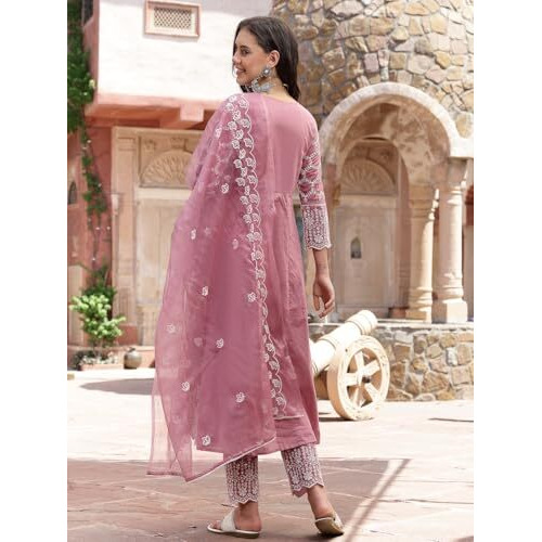 Stylum Women's Embroidered Silk Blend Anarkali Kurta Pant Dupatta Set (Kpdmauvemaggy44_Mauve, Xxl)