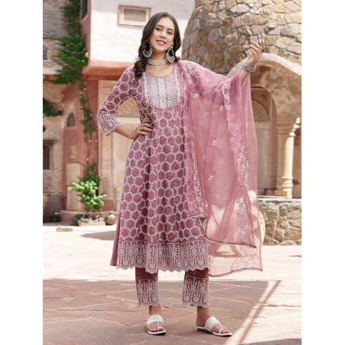 Stylum Women's Embroidered Silk Blend Anarkali Kurta Pant Dupatta Set (Kpdmauvemaggy44_Mauve, Xxl)
