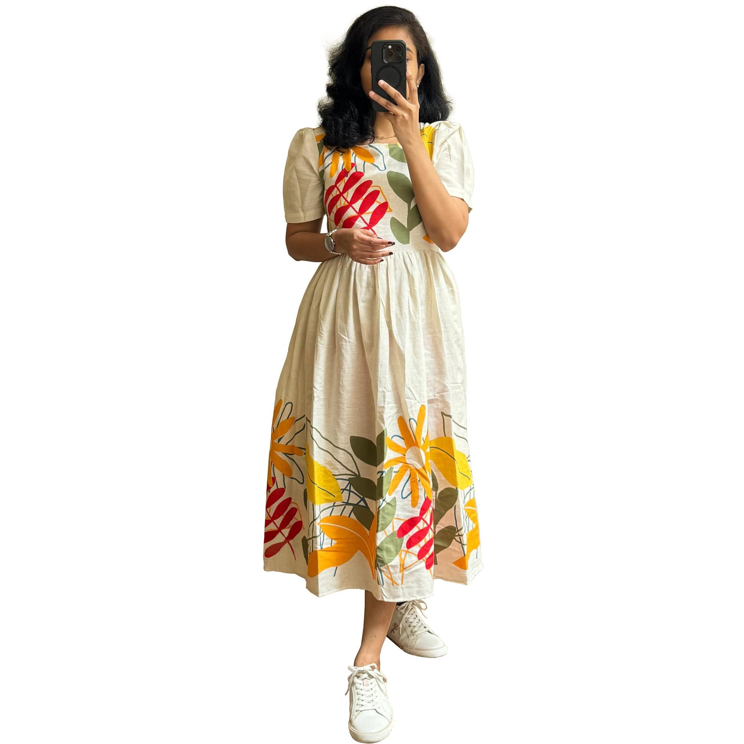 Shasmi Floral Print Midi Dress, Round Neck, Puff Sleeves, Beige With Yellow And Red, Fit And Flare (Dress 188 Beige Yellow-M)