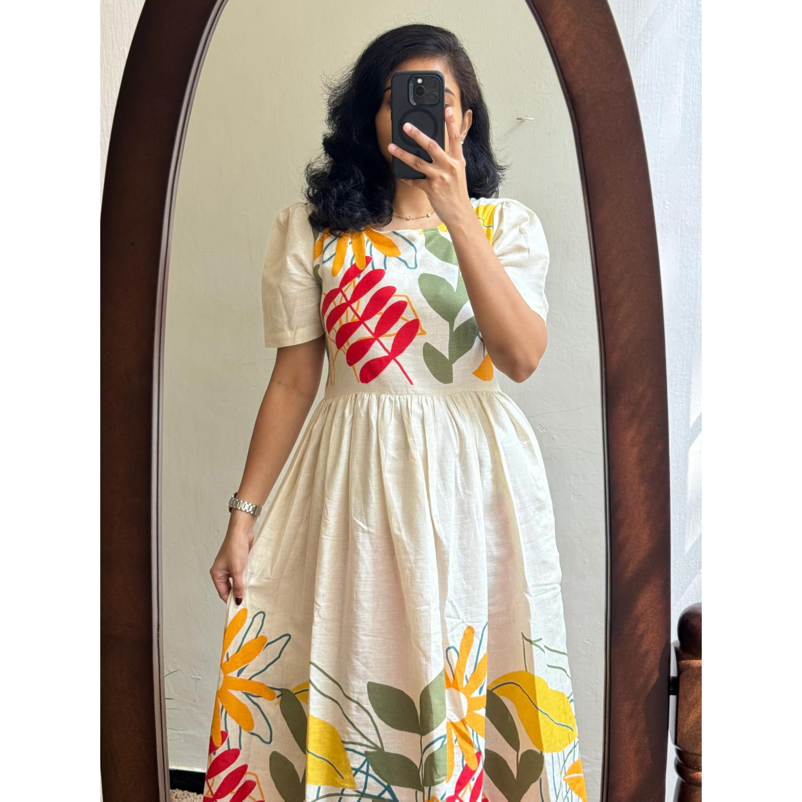 Shasmi Floral Print Midi Dress, Round Neck, Puff Sleeves, Beige With Yellow And Red, Fit And Flare (Dress 188 Beige Yellow-M)
