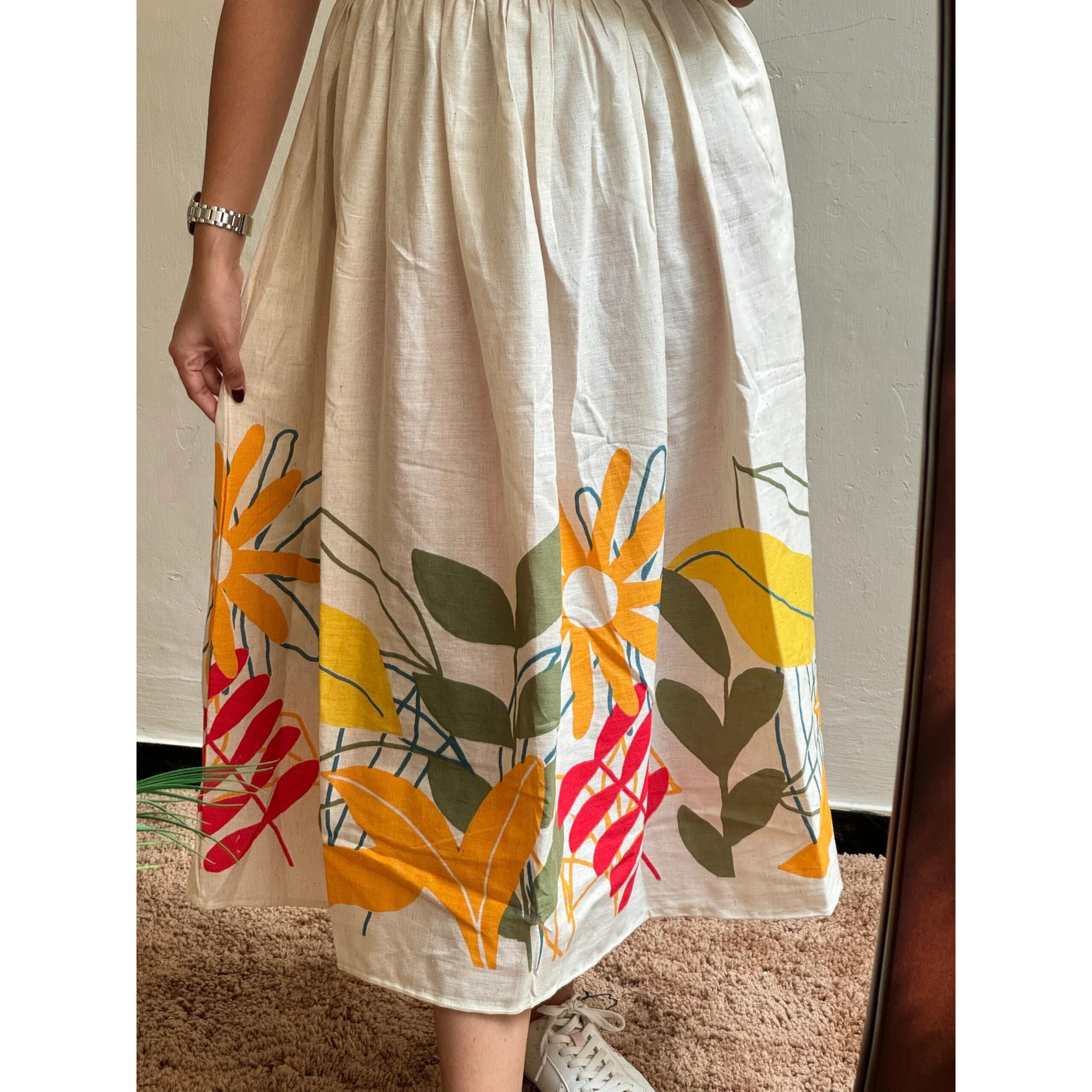 Shasmi Floral Print Midi Dress, Round Neck, Puff Sleeves, Beige With Yellow And Red, Fit And Flare (Dress 188 Beige Yellow-M)