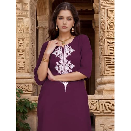 Shienzy Women's Cotton Blend Emroidered Kurta Pant Set | Ethnic Wear For Festive & Casual | Stylish Straight Fit | Elegant Indian Outfit (1662_Prl_Xl) Purple