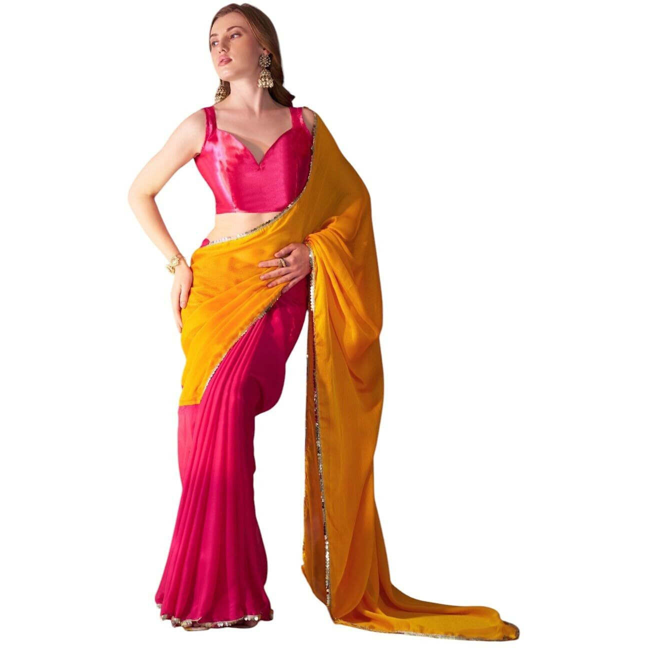Shiv Textiles Women's Chiffon Lace Border Saree(Klis-926-Yellow)