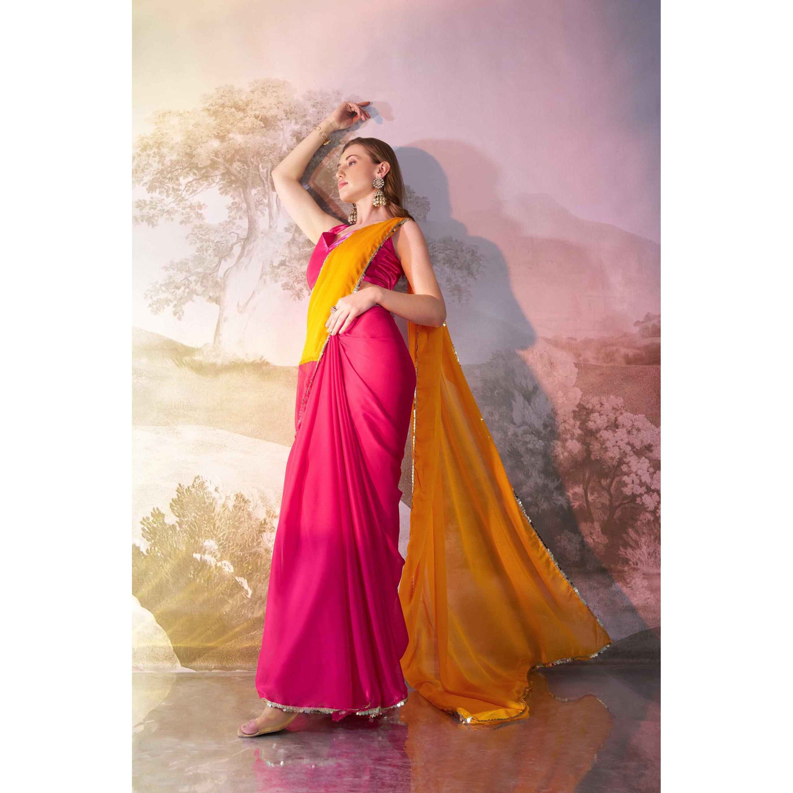 Shiv Textiles Women's Chiffon Lace Border Saree(Klis-926-Yellow)