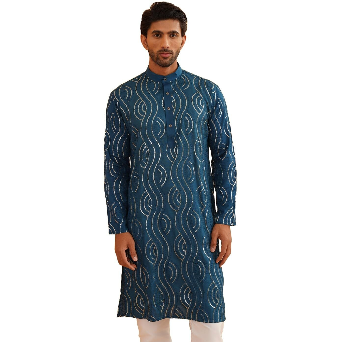Sojanya (Since 1958 Men's Embroidered Sequinned Cotton Teal Blue Long Kurta