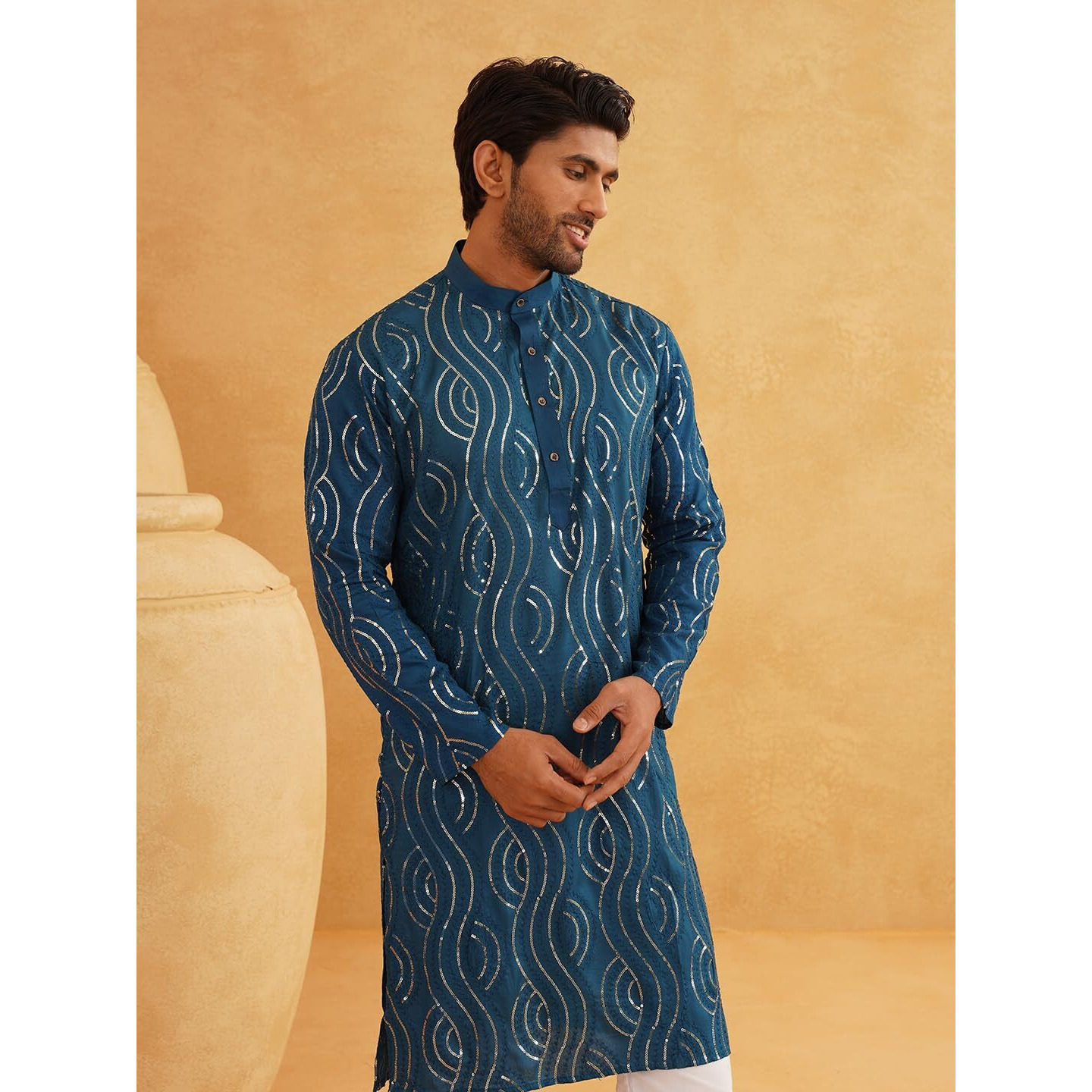 Sojanya (Since 1958 Men's Embroidered Sequinned Cotton Teal Blue Long Kurta