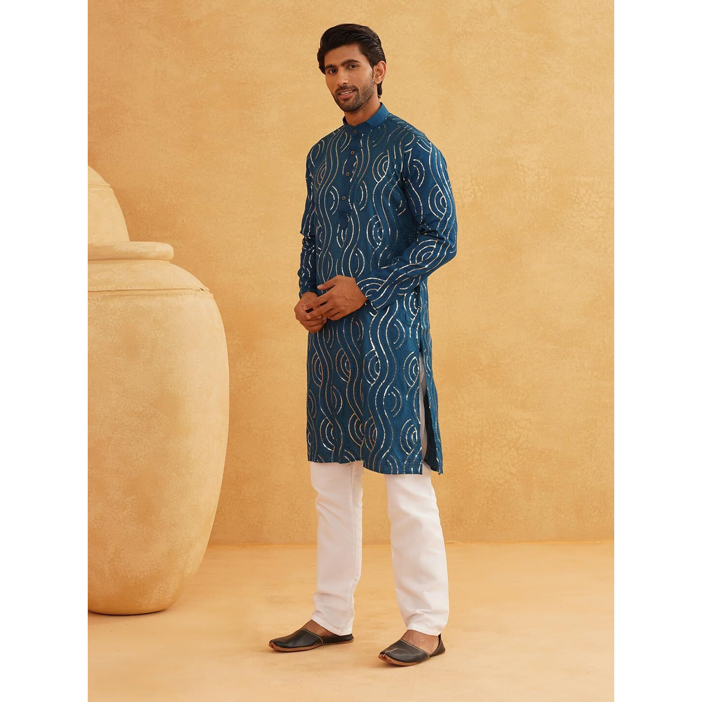 Sojanya (Since 1958 Men's Embroidered Sequinned Cotton Teal Blue Long Kurta