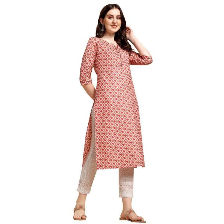 Nainvish Women's Cotton Blend Straight V-Neck Printed Kurta (Sd422_K-Xxl._Red)