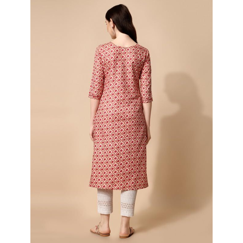 Nainvish Women's Cotton Blend Straight V-Neck Printed Kurta (Sd422_K-Xxl._Red)