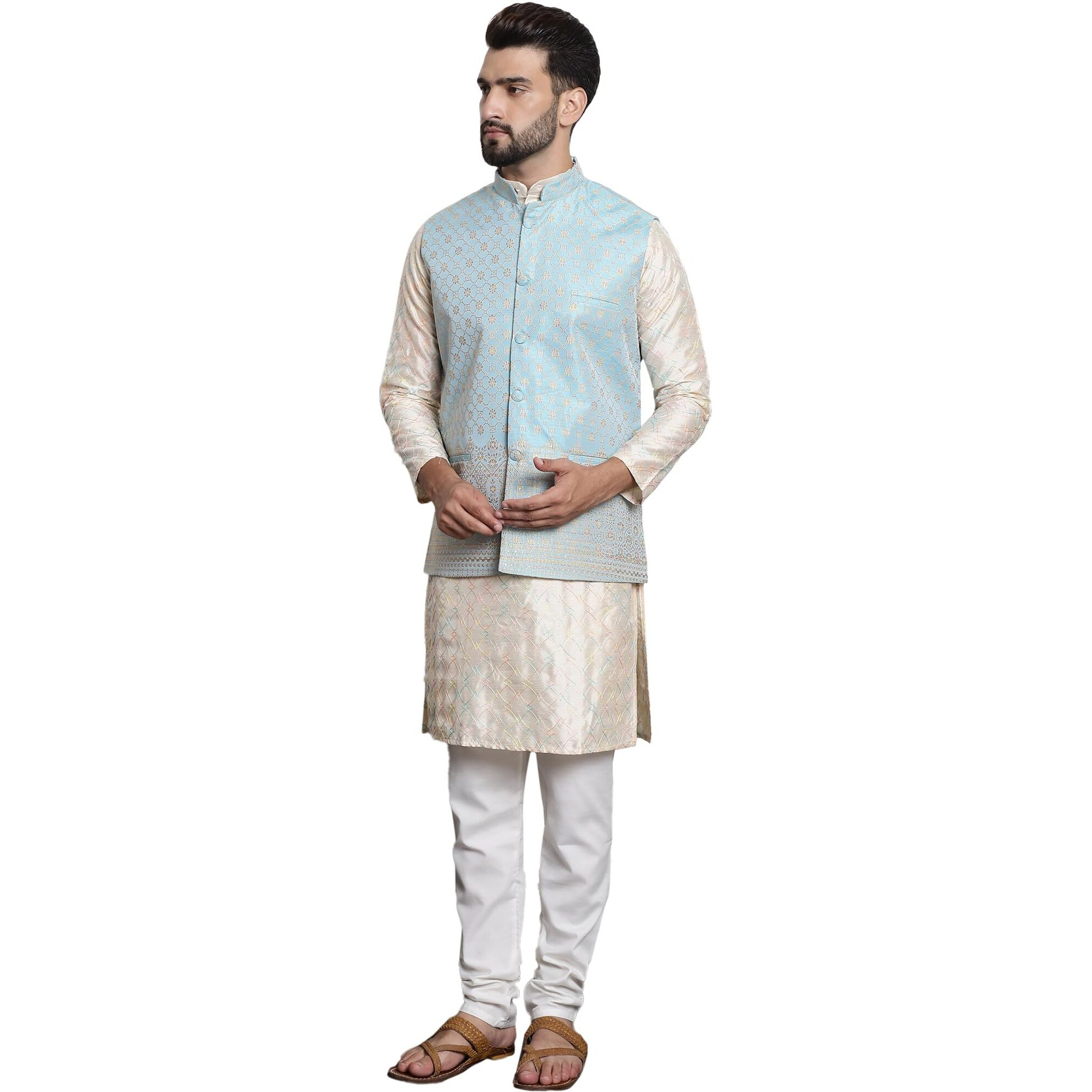 Sojanya (Since 1958 Men's Silk Blend Cream Kurta And Off-White Pyjama With Blue Nehru Jacket