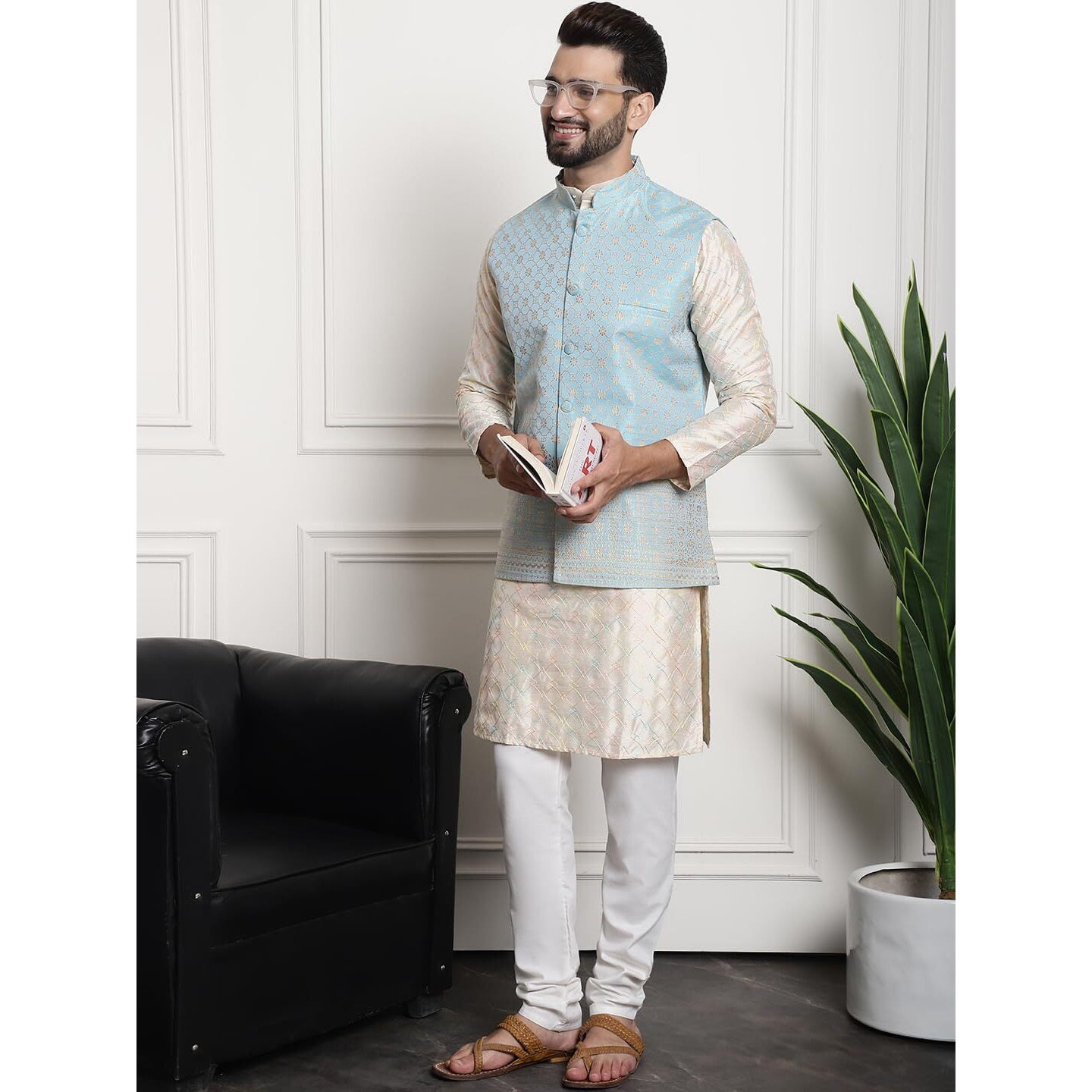 Sojanya (Since 1958 Men's Silk Blend Cream Kurta And Off-White Pyjama With Blue Nehru Jacket