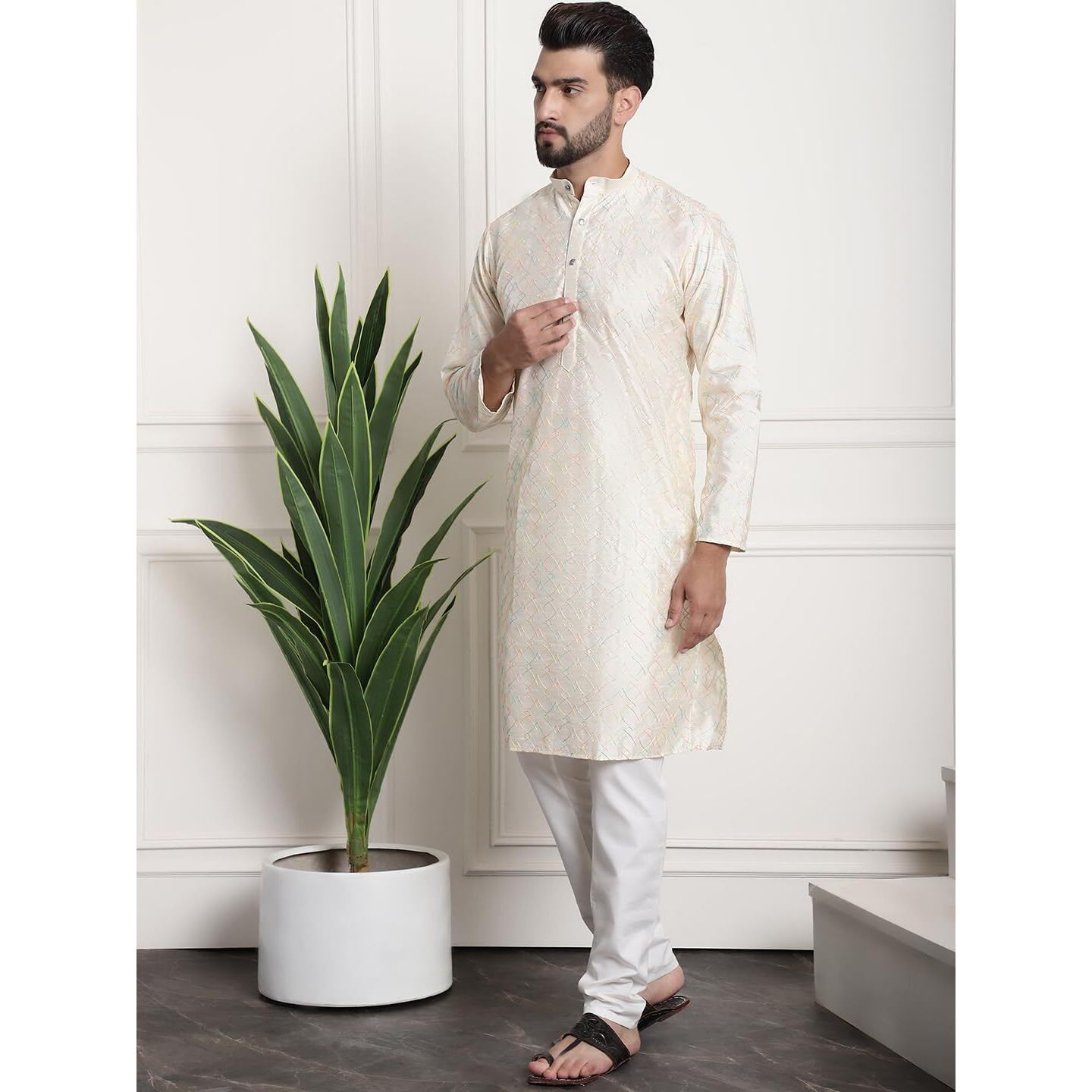 Sojanya (Since 1958 Men's Silk Blend Cream Kurta And Off-White Pyjama With Blue Nehru Jacket