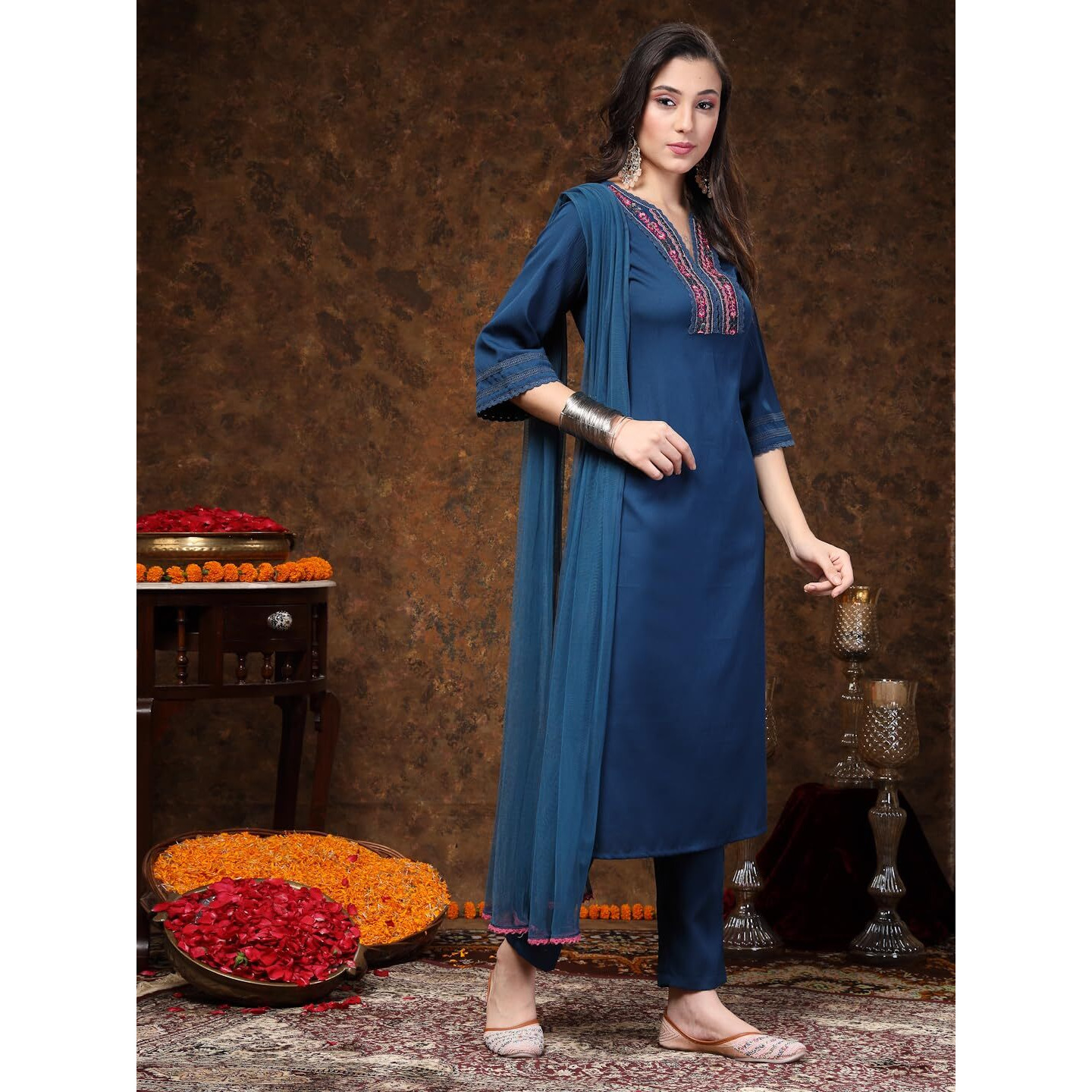 Stylum Women's Solid & Embroidered Italian Crush Straight Kurta Pant Dupatta Set (Kpdtealvooma44_Teal, Xxl)