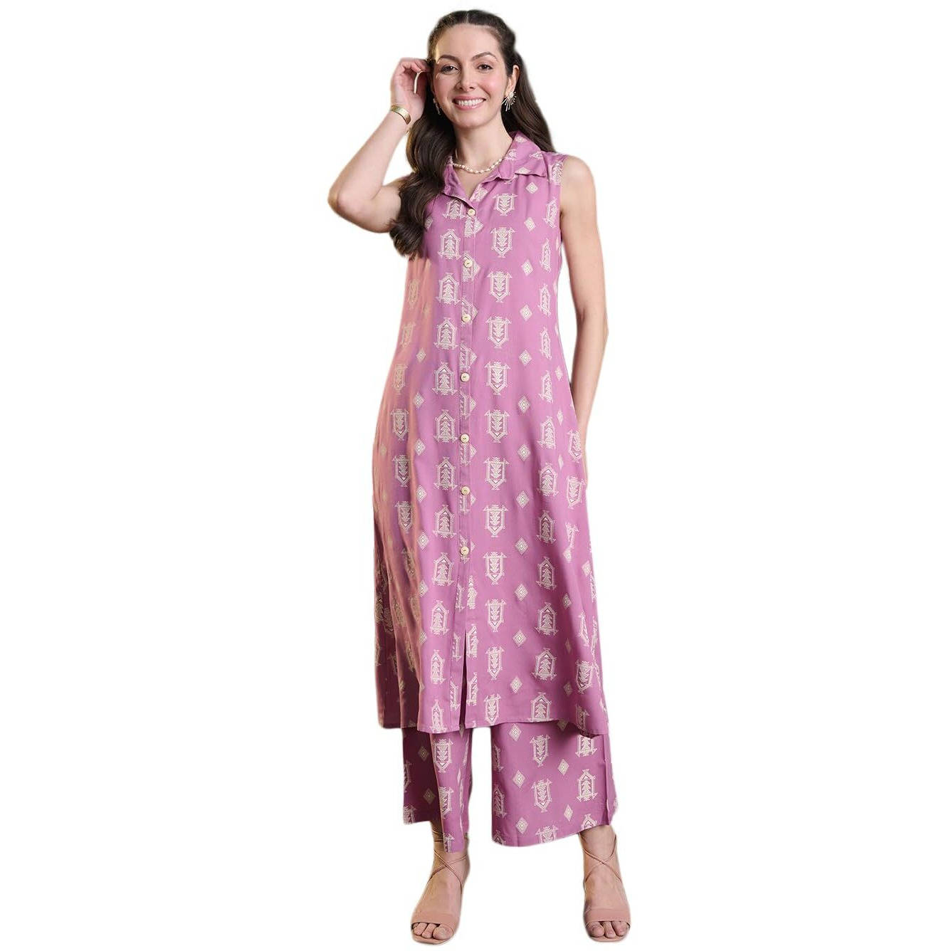 Stylum Women's Printed Rayon Kurta Pant Set (Kpmauvehut36_Mauve, S)