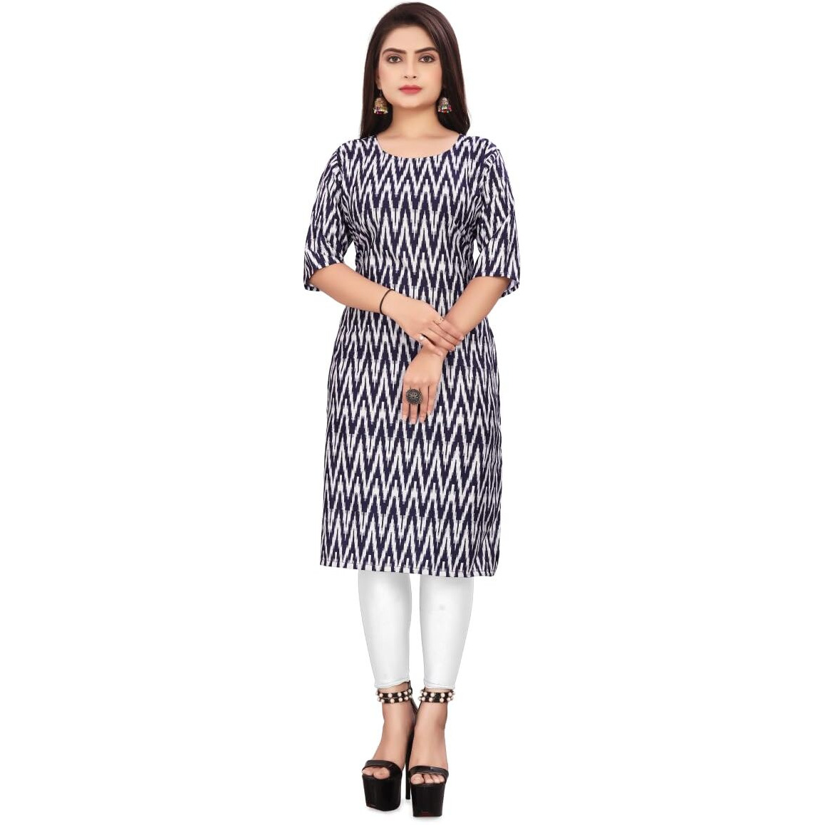 Patlani Women's Cotton Blend Printed Straight Kurta Blue-Zigzeg-M