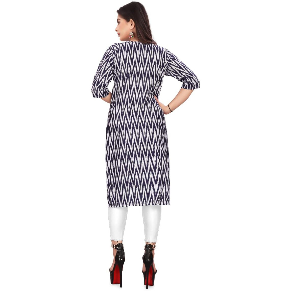 Patlani Women's Cotton Blend Printed Straight Kurta Blue-Zigzeg-M