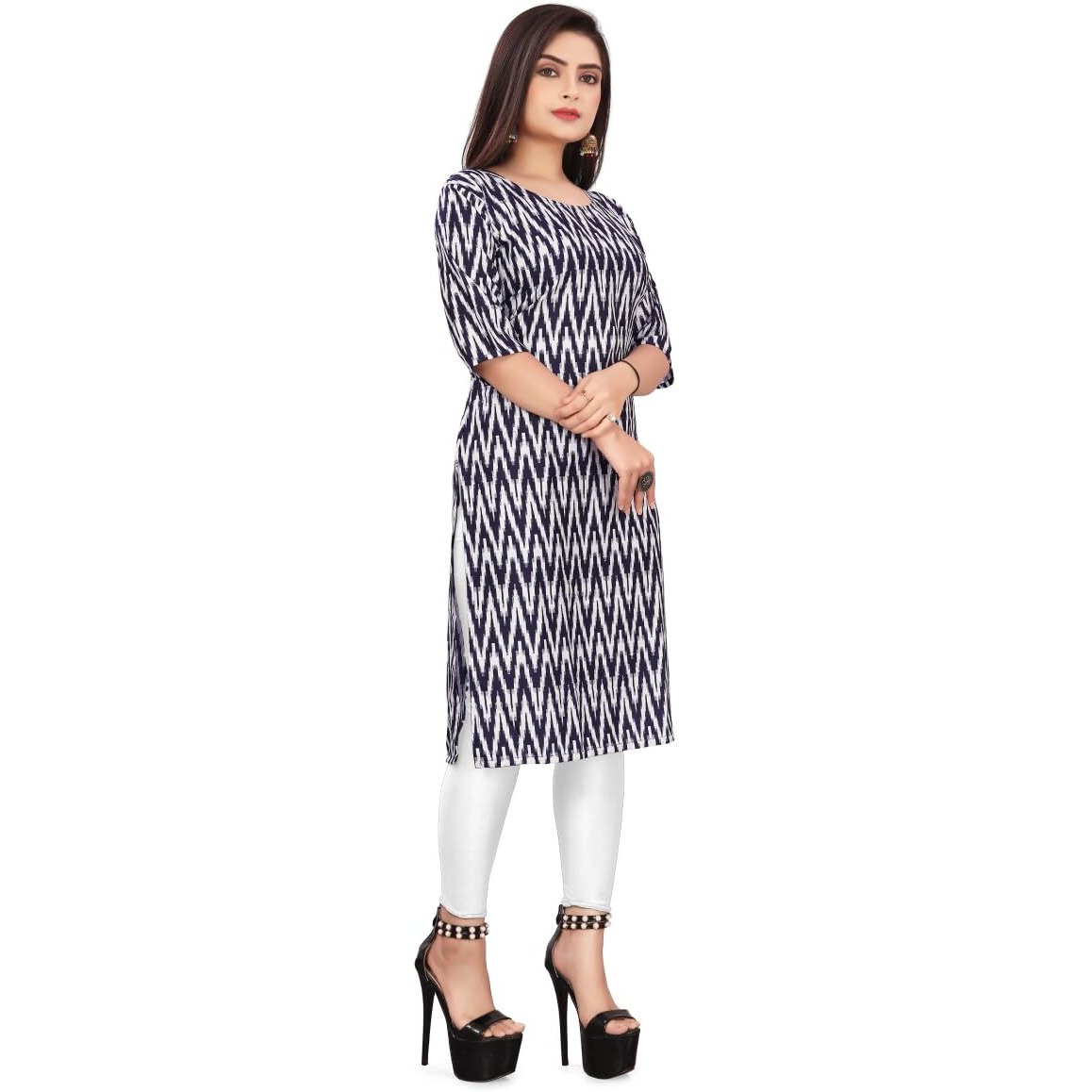 Patlani Women's Cotton Blend Printed Straight Kurta Blue-Zigzeg-M
