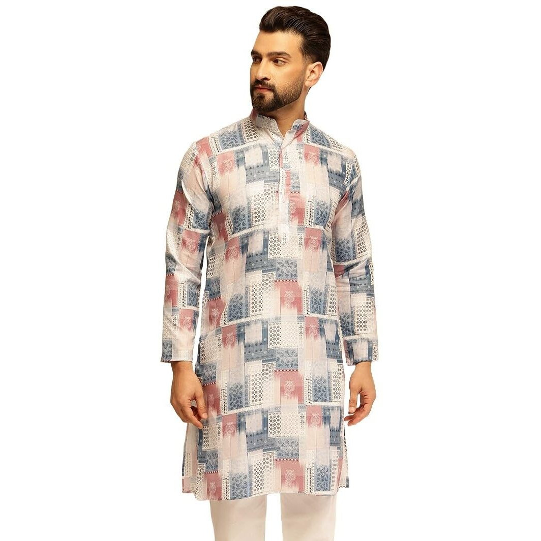 Sojanya (Since 1958 Men's Cotton Linen Geometric Print White & Multi Long Kurta