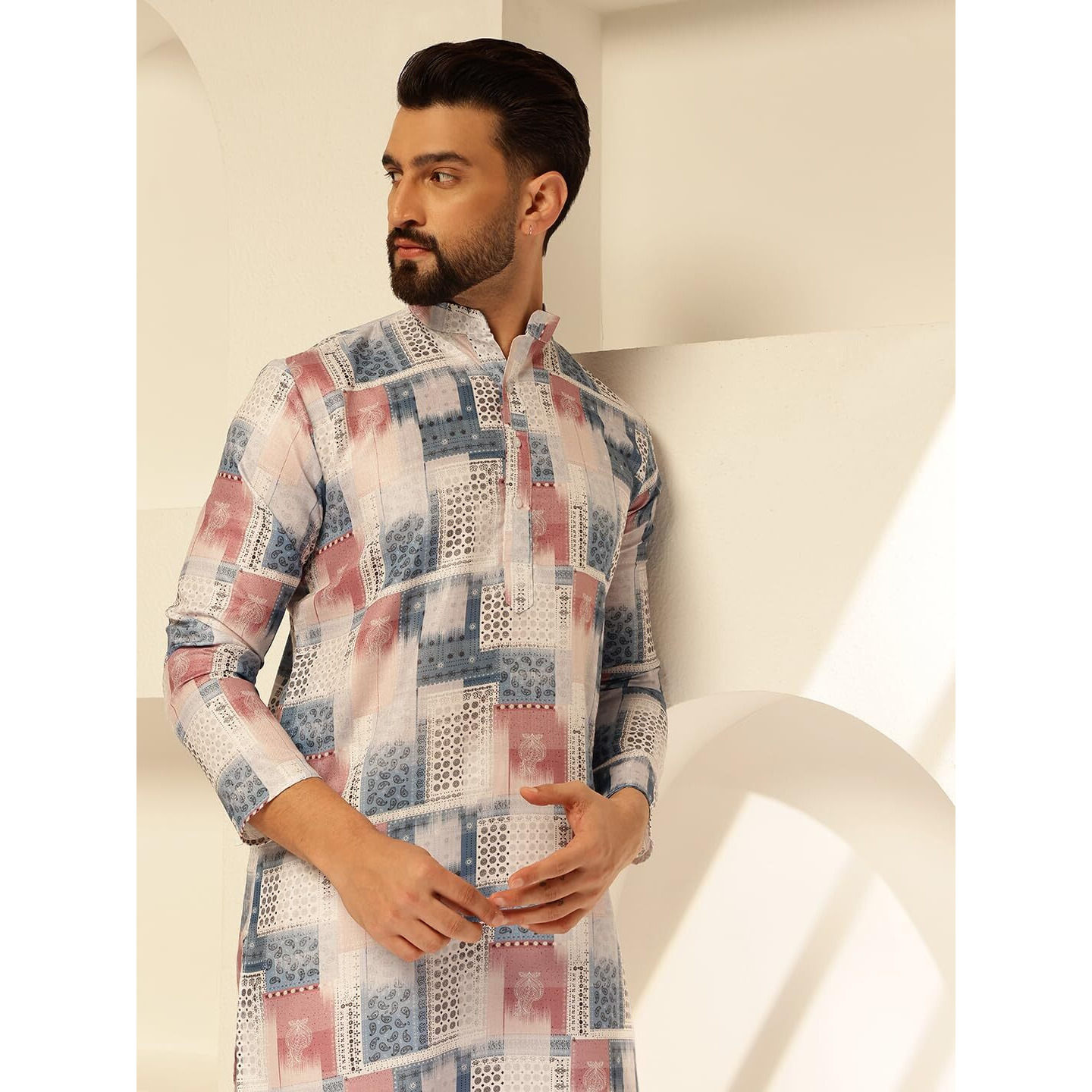 Sojanya (Since 1958 Men's Cotton Linen Geometric Print White & Multi Long Kurta