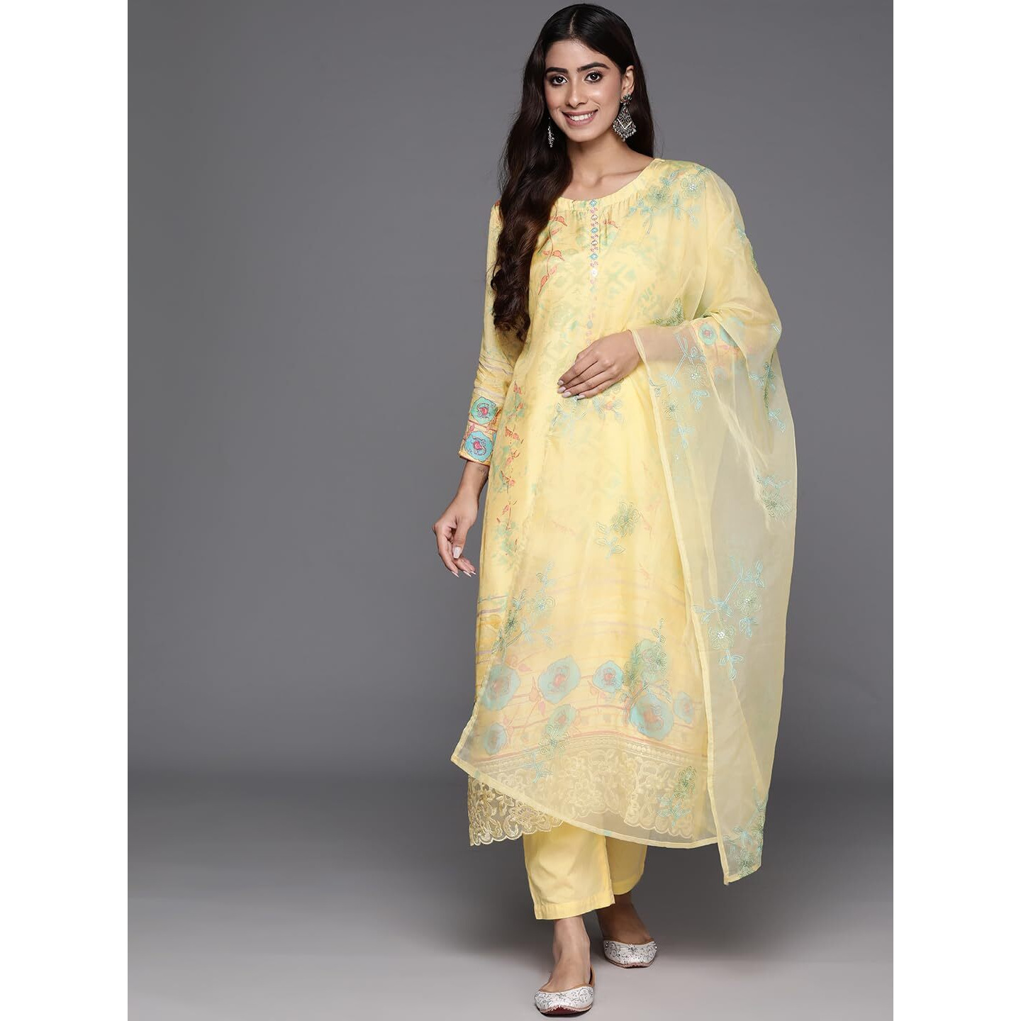 Varanga Women Yellow Abstract Printed Round Neck Straight Pure Muslin Kurta Paired With Tonal Bottom And Organza Embroiderd Dupatta