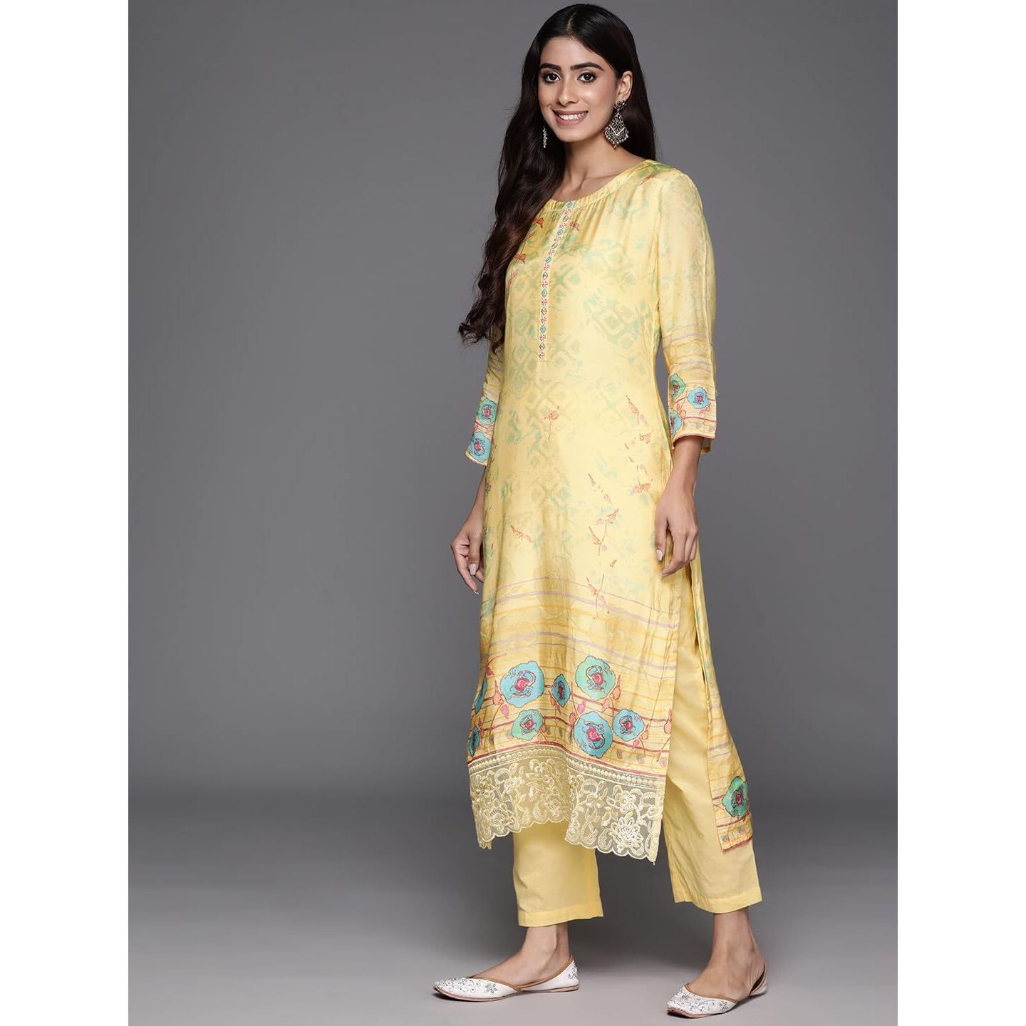 Varanga Women Yellow Abstract Printed Round Neck Straight Pure Muslin Kurta Paired With Tonal Bottom And Organza Embroiderd Dupatta