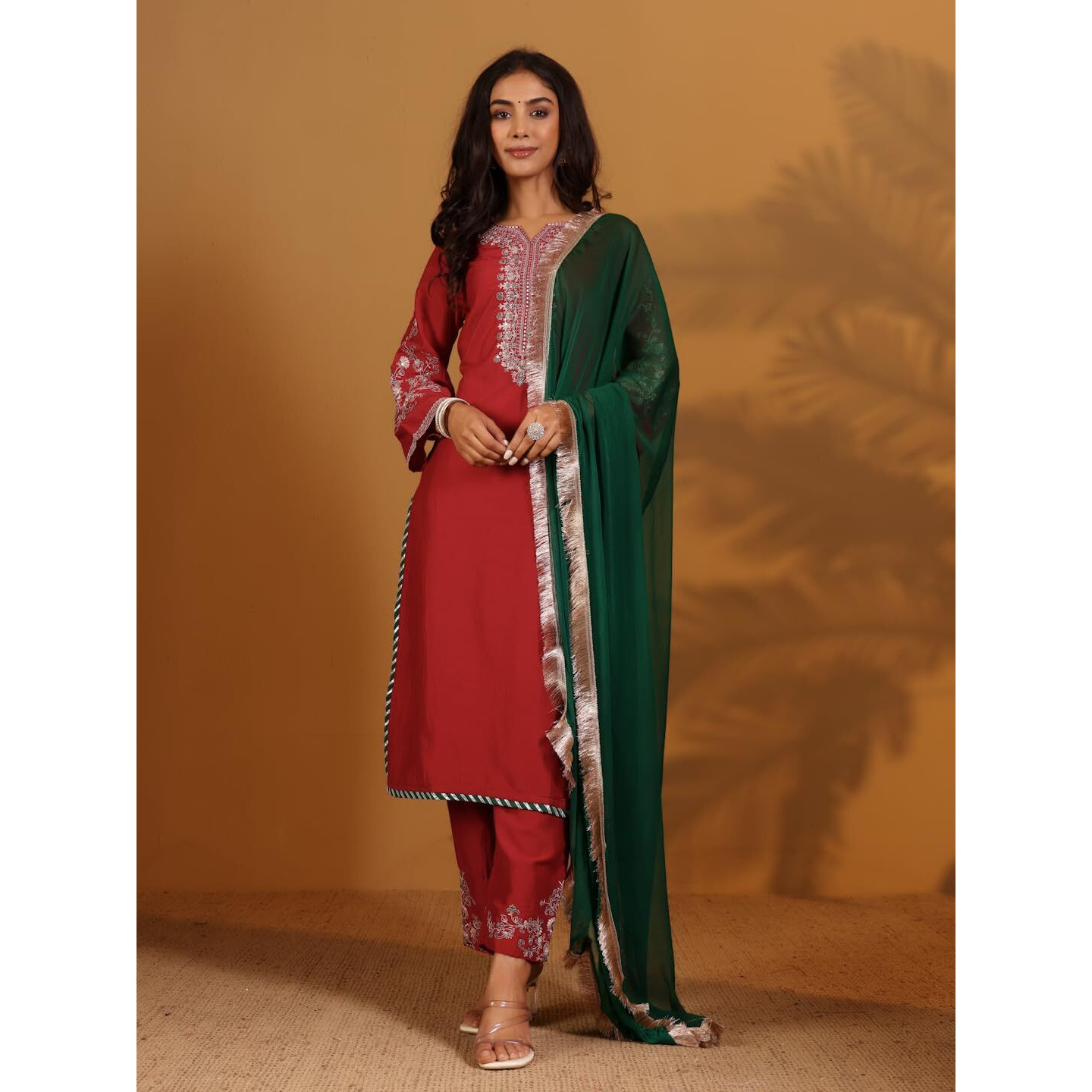 Varanga Zari & Sequin Thread Yoke Embroidered Straight Kurta Paired With Tonal Embroidered Bottom And Contrast Dupatta With Fringes Maroon
