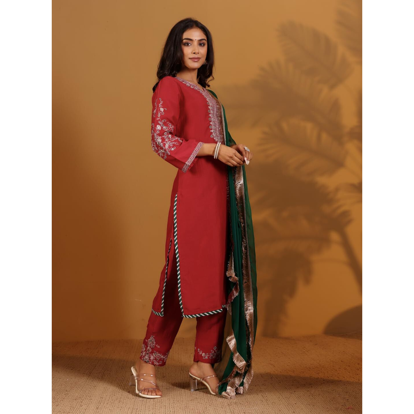 Varanga Zari & Sequin Thread Yoke Embroidered Straight Kurta Paired With Tonal Embroidered Bottom And Contrast Dupatta With Fringes Maroon