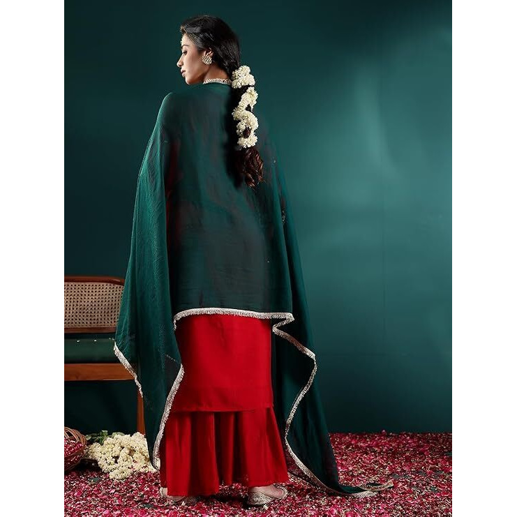 Varanga Womens Red Silk Blend Kurta Set With Silver Embroidery And Dark Green Dupatta (Small)