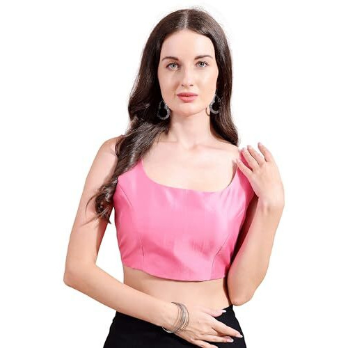 Womanista Women's Tafetta Solid Regular Fit Sleeveless Blouse (Bl_106_Pink L)
