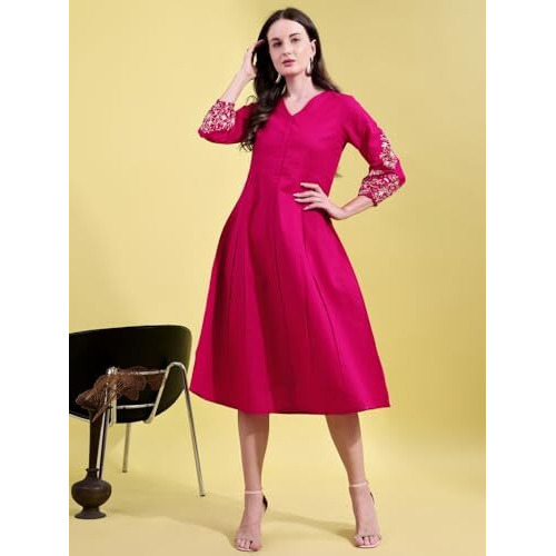 Womanista Linen Blend Women's Fuchsia Cotton Flex With Embroidered Sleeves Empire A-Line Ethnic Dress Maxi (Ethnicdress_113_Pink_M)