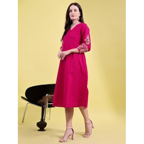 Womanista Linen Blend Women's Fuchsia Cotton Flex With Embroidered Sleeves Empire A-Line Ethnic Dress Maxi (Ethnicdress_113_Pink_M)