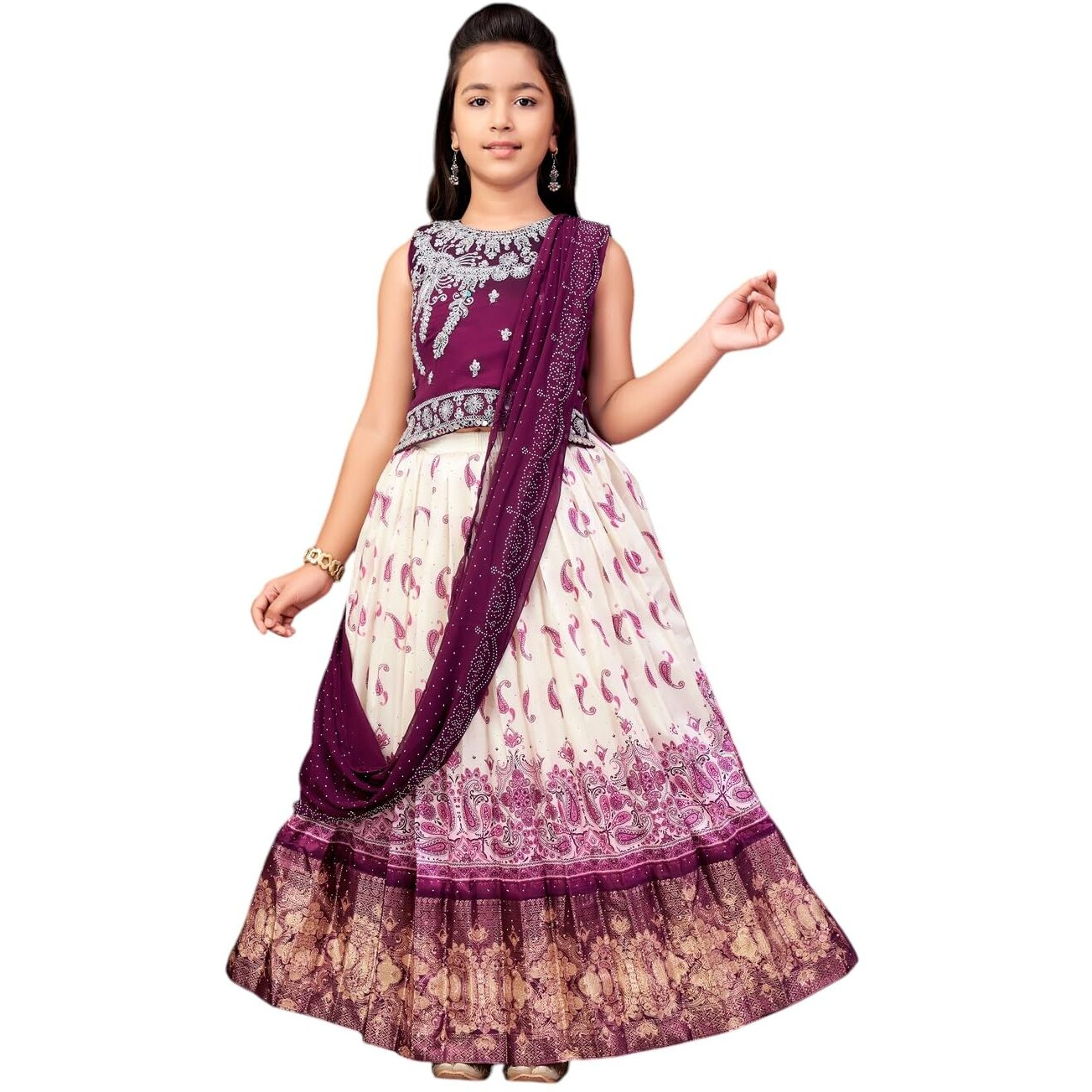 Aarika Girls Ethnic Wear Purple-Cream Colour Mirror Embroidery Georgette Lehenga Choli Set With Attached Dupatta-4-15 Years (Lch-9435)