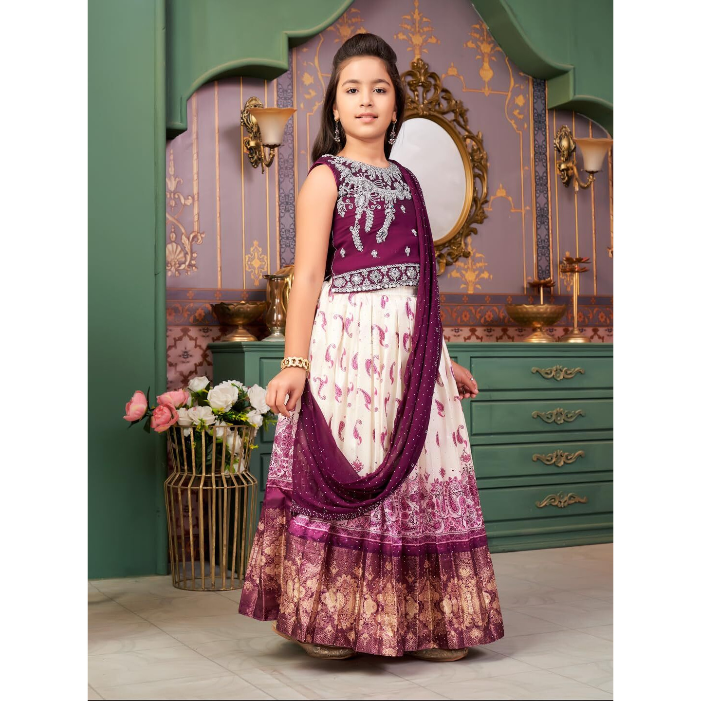 Aarika Girls Ethnic Wear Purple-Cream Colour Mirror Embroidery Georgette Lehenga Choli Set With Attached Dupatta-4-15 Years (Lch-9435)