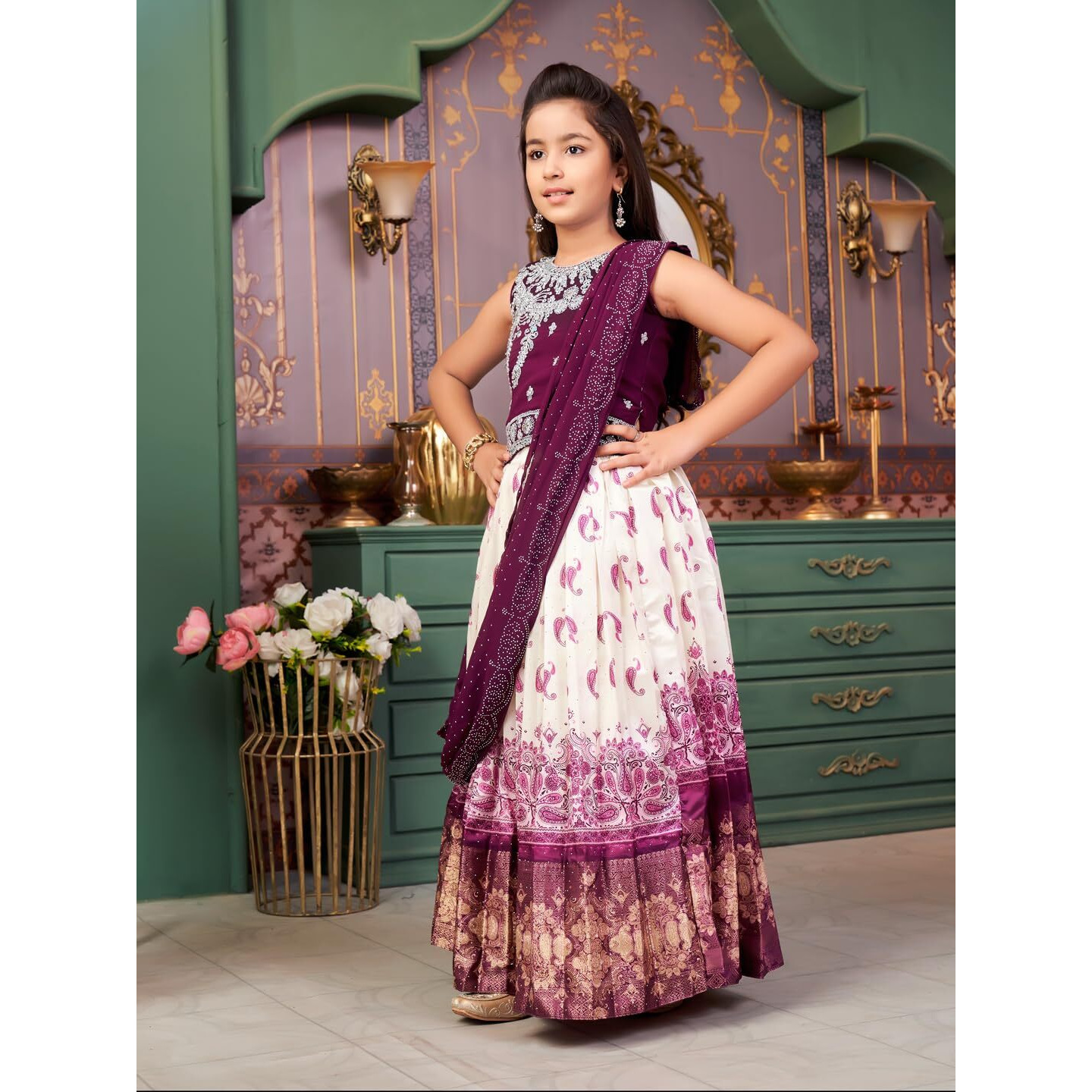 Aarika Girls Ethnic Wear Purple-Cream Colour Mirror Embroidery Georgette Lehenga Choli Set With Attached Dupatta-4-15 Years (Lch-9435)
