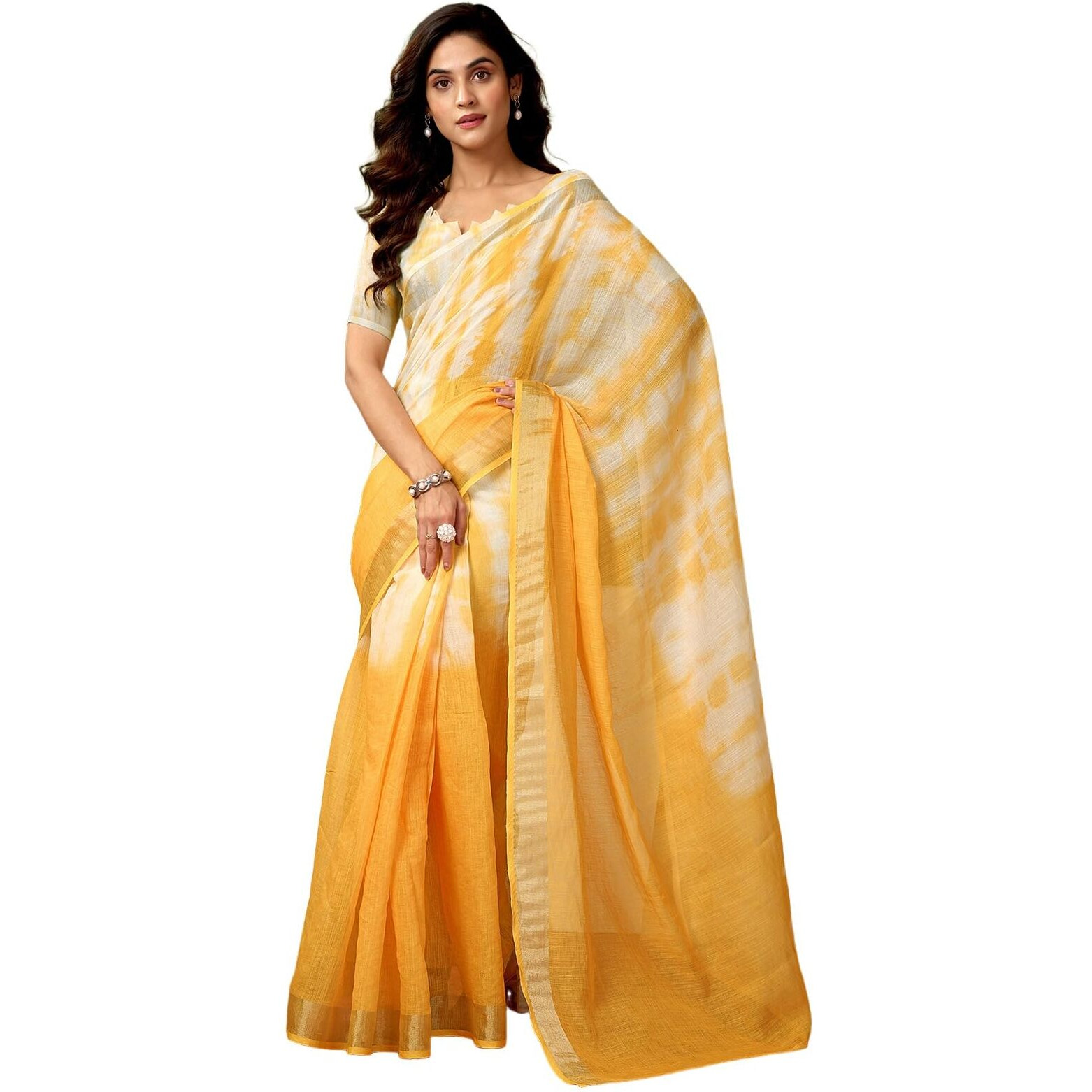 Satrani Women's Linen Zari Border Printed Ready To Wear One Minute Pre Pleated Readymade Saree With Unstitched Blouse Piece (34Rs330N_Yellow)