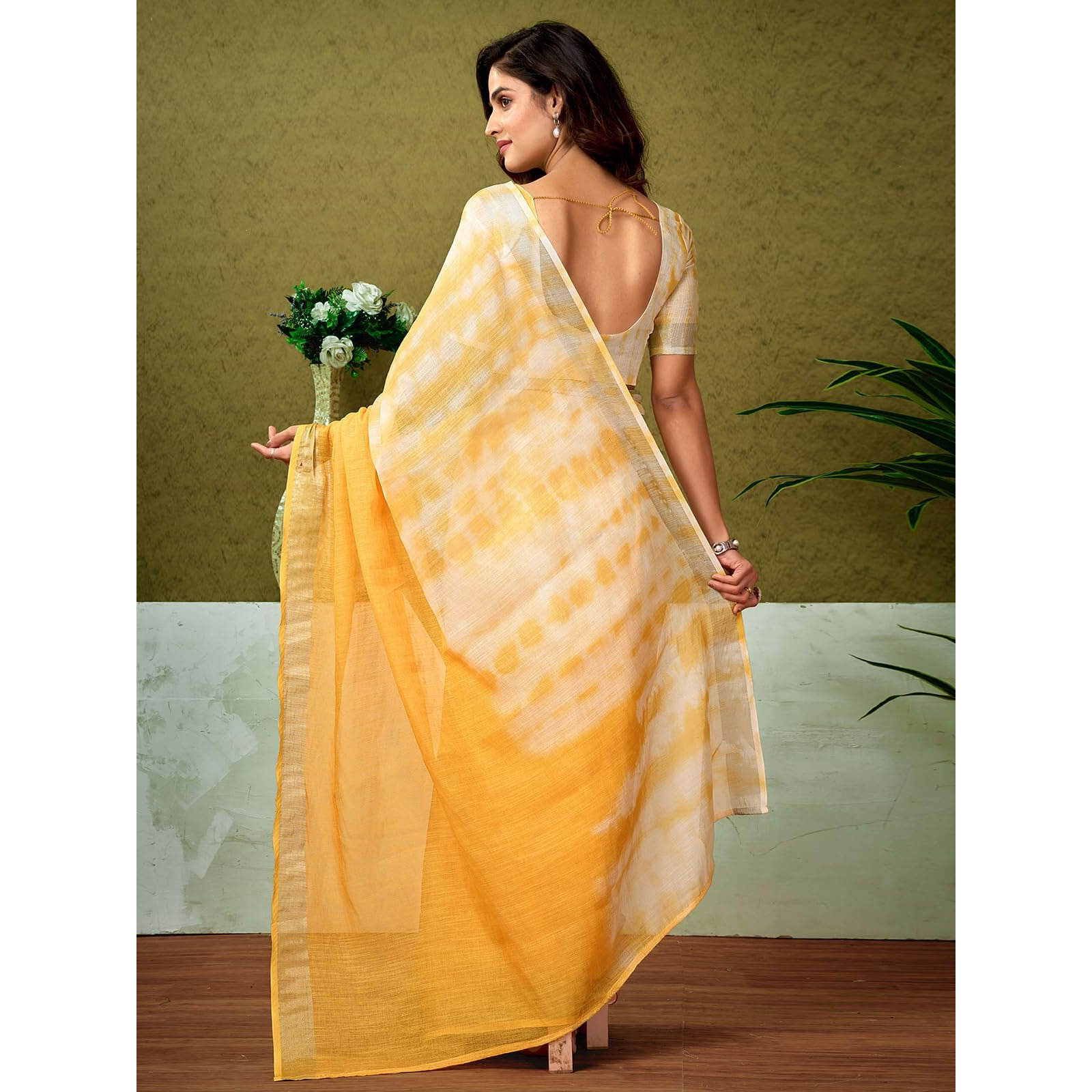 Satrani Women's Linen Zari Border Printed Ready To Wear One Minute Pre Pleated Readymade Saree With Unstitched Blouse Piece (34Rs330N_Yellow)