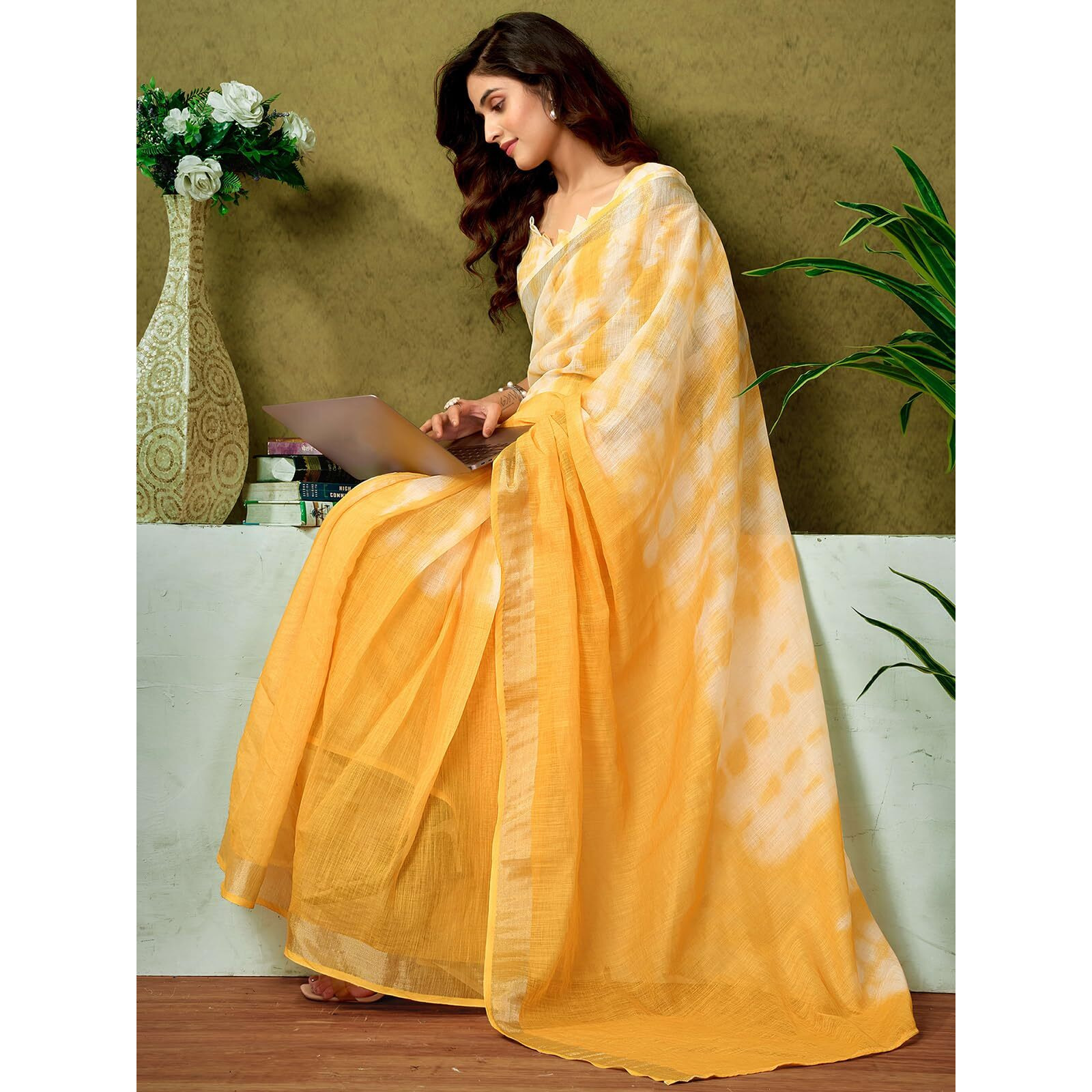 Satrani Women's Linen Zari Border Printed Ready To Wear One Minute Pre Pleated Readymade Saree With Unstitched Blouse Piece (34Rs330N_Yellow)