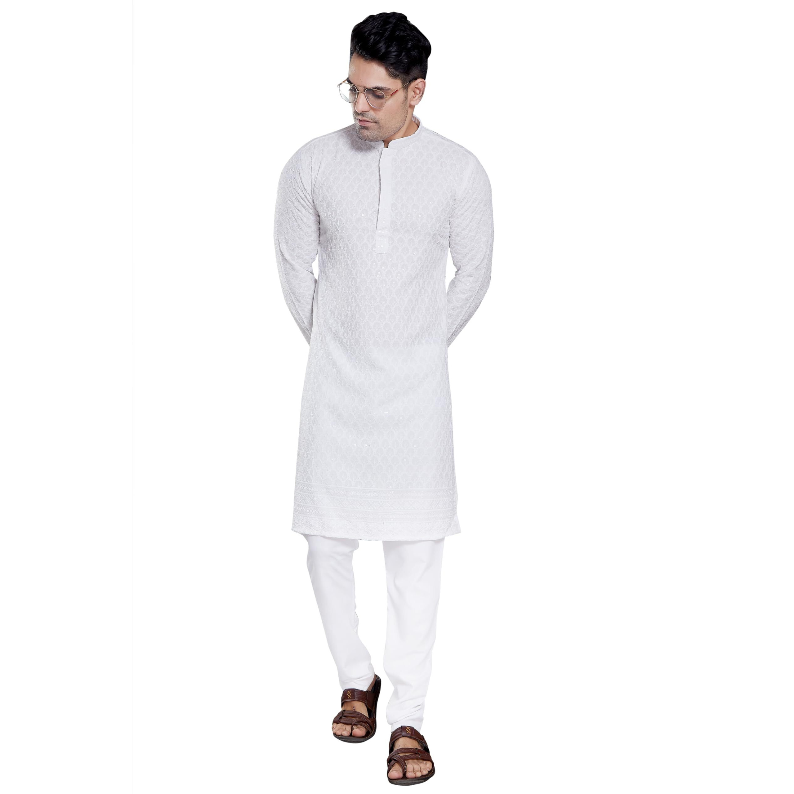 Divisive Men's Sequince Embroidered Cotton Blend Slim Fit Kurta Pyjama Set (Dkrt149_M_White)