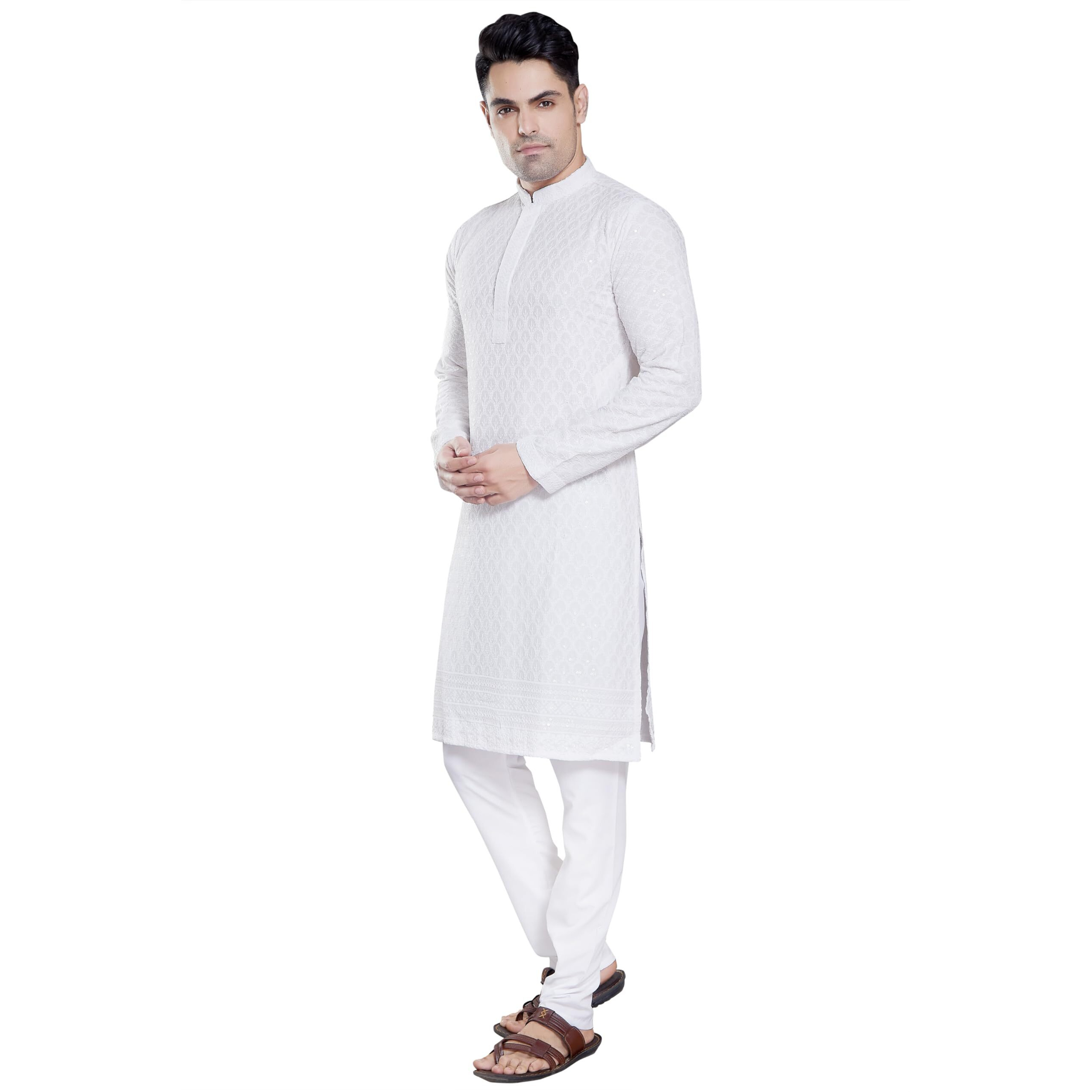 Divisive Men's Sequince Embroidered Cotton Blend Slim Fit Kurta Pyjama Set (Dkrt149_M_White)