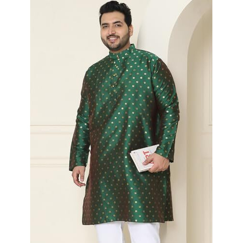 Sojanya Plus (Since 1958) Men's Silk Blend Dark Green Booti Only Long Kurta