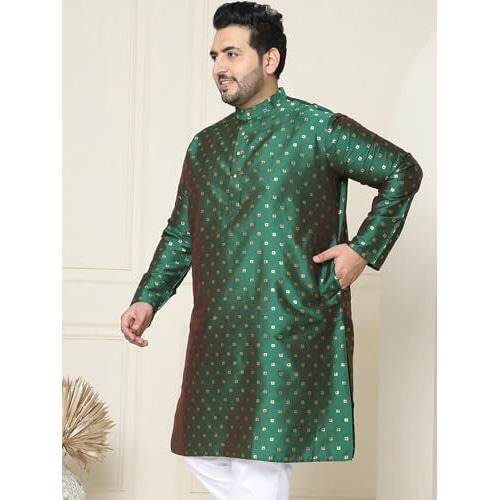 Sojanya Plus (Since 1958) Men's Silk Blend Dark Green Booti Only Long Kurta