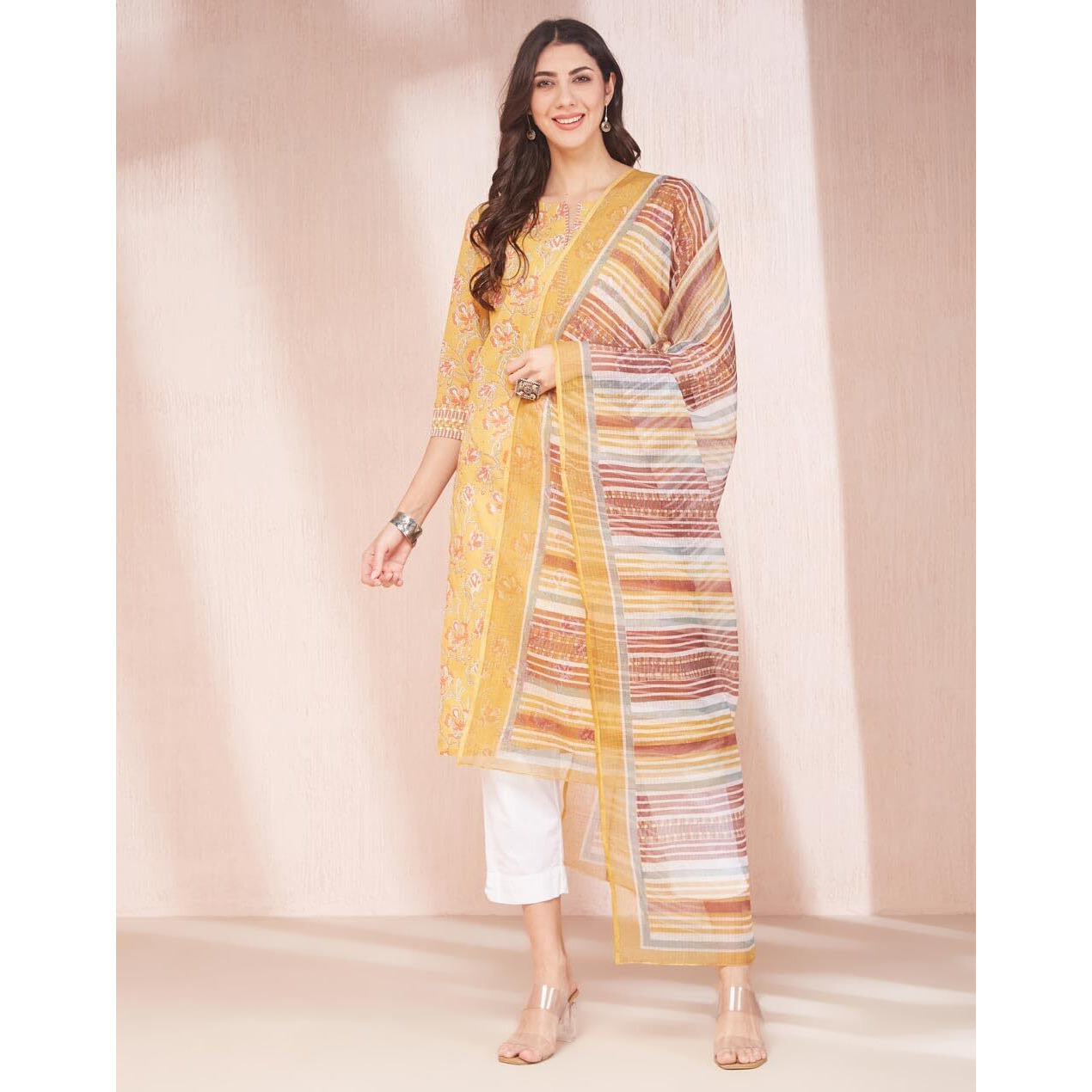 Fabindia Women's Cotton Printed Regular Kurta (1037551Yellow_Yellow