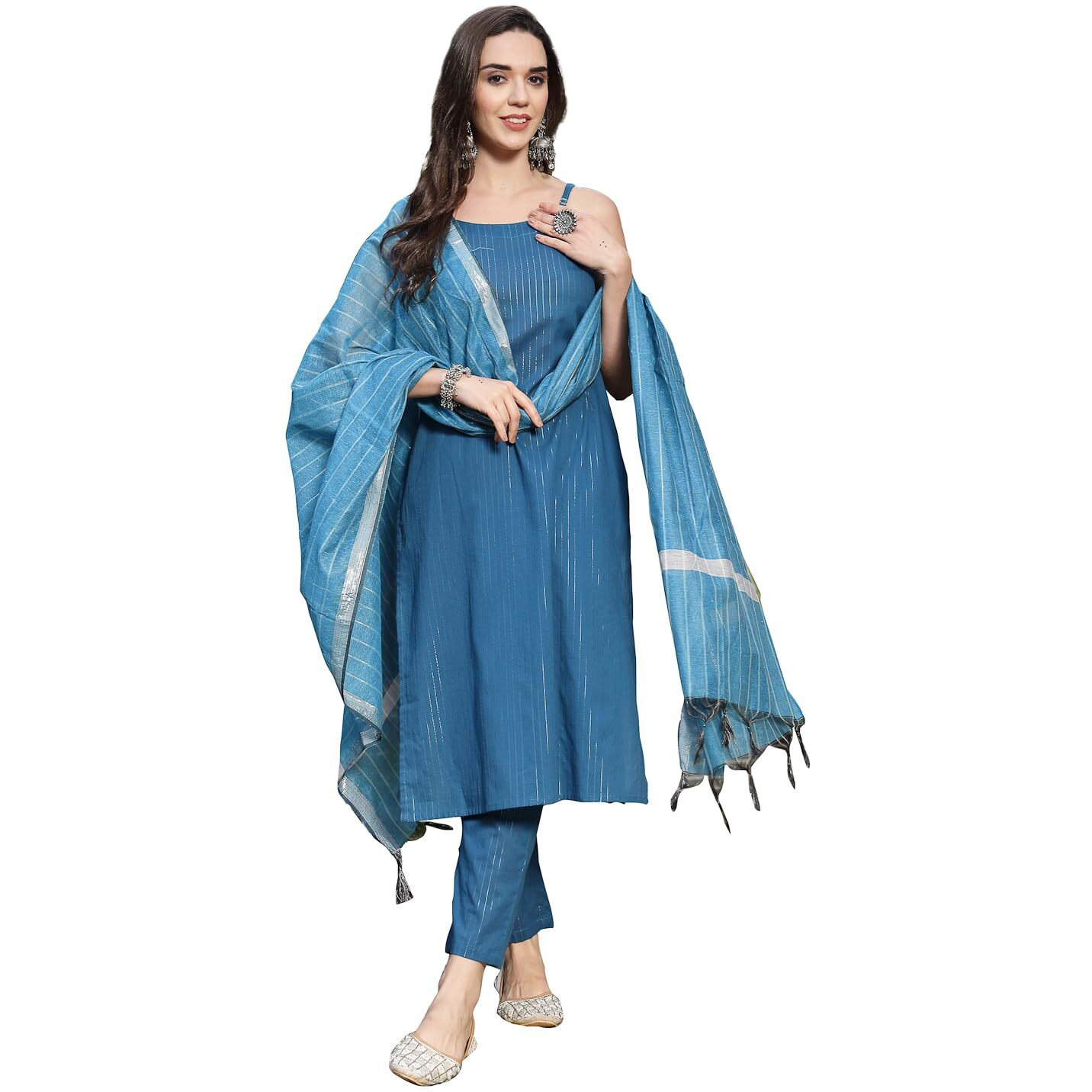 Stylum Women's Woven Design Cotton Blend Straight Kurta Pant Dupatta Set (Kpdtealcop42_Teal, Xl)