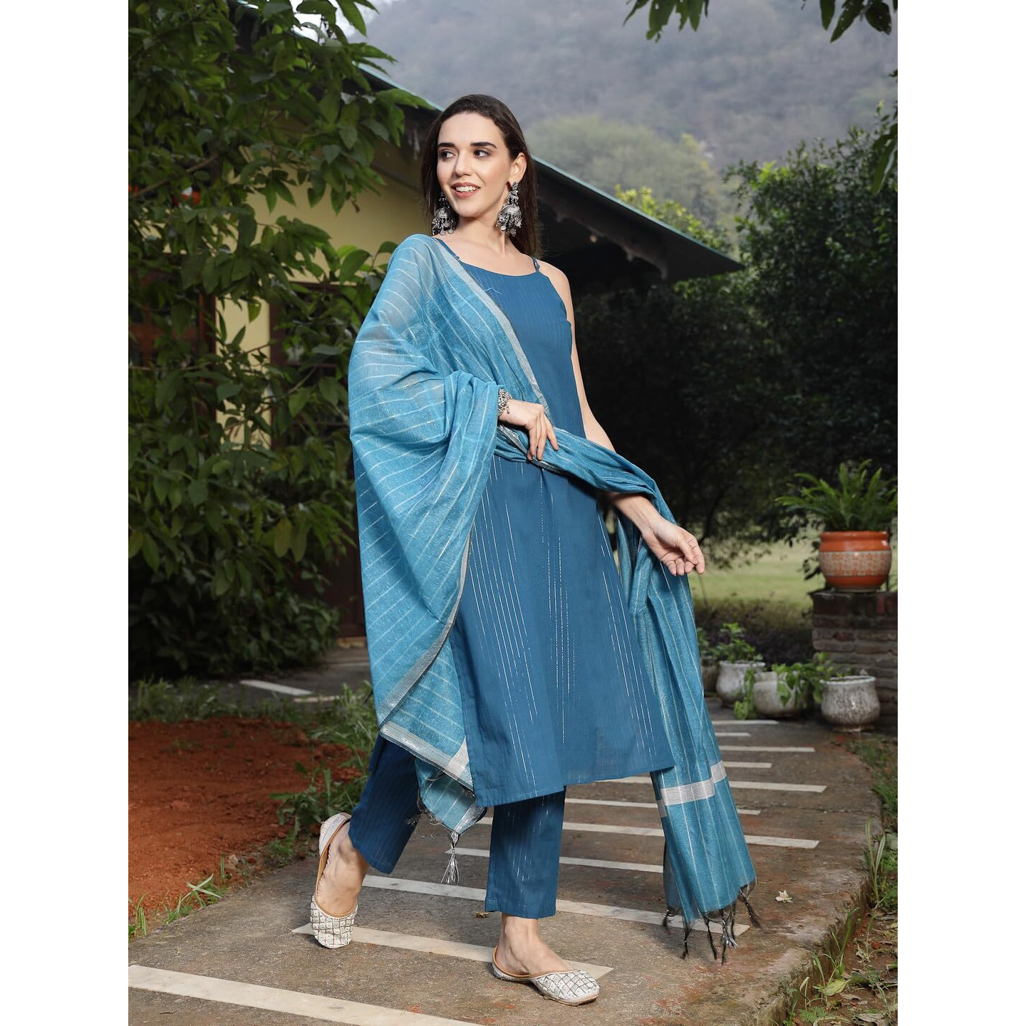 Stylum Women's Woven Design Cotton Blend Straight Kurta Pant Dupatta Set (Kpdtealcop42_Teal, Xl)
