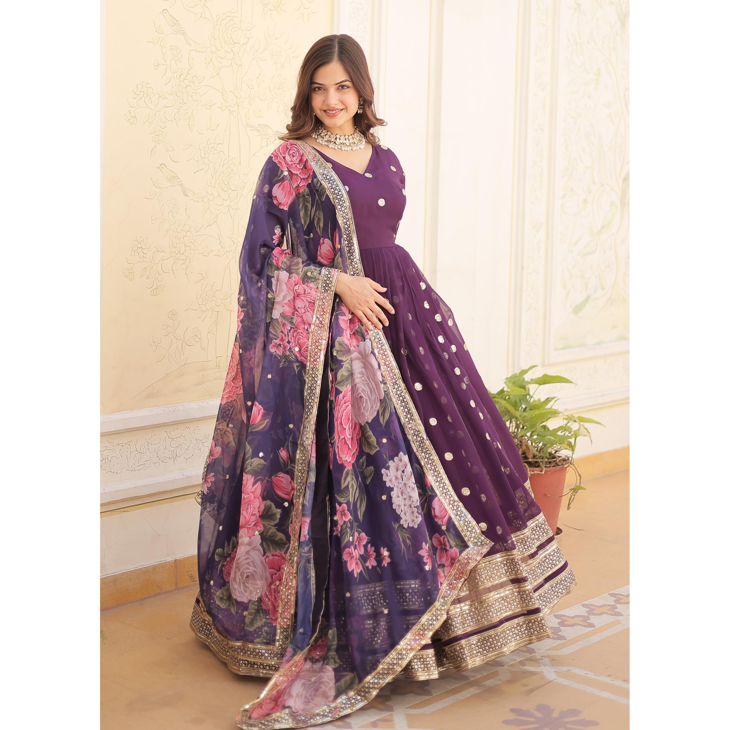 Fashion Basket Georgette Embroidered Anarkali Kurta Set For Women (In, Alpha, S, Regular, Purple)