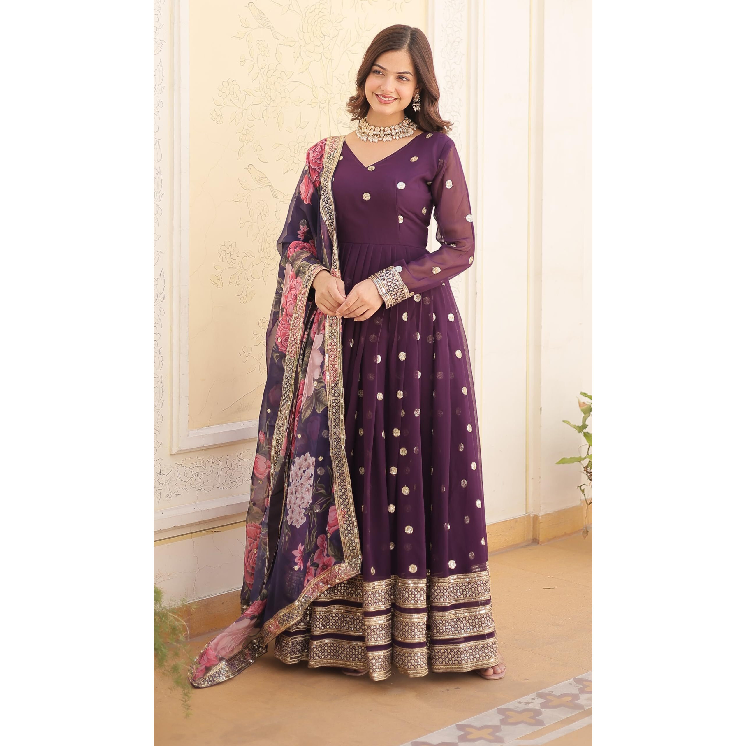 Fashion Basket Georgette Embroidered Anarkali Kurta Set For Women (In, Alpha, S, Regular, Purple)