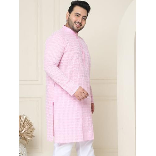 Sojanya Plus(Since 1958) Men's Pure Cotton Pink Kurta With White Embroidery