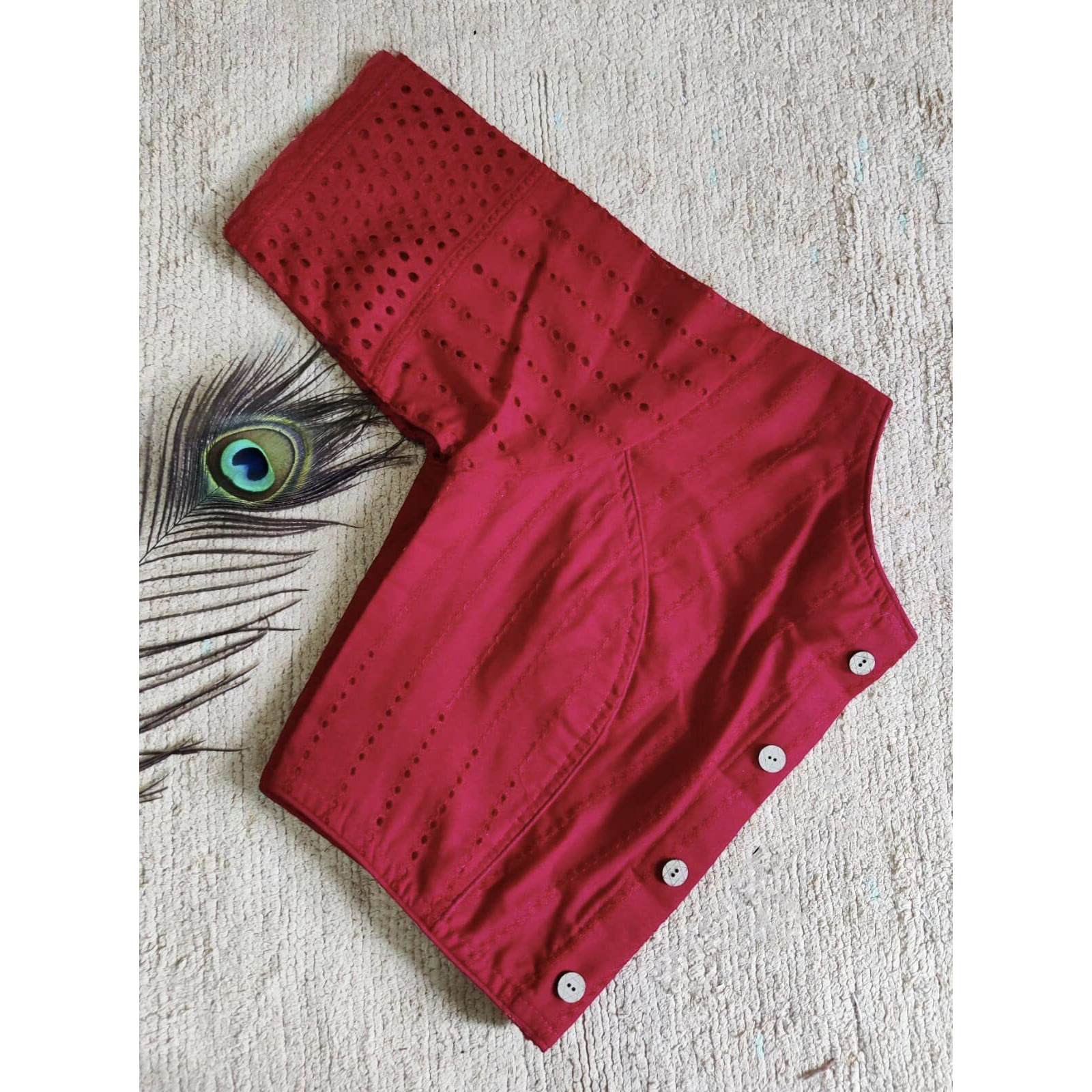 Vihu Fashion Women's Trendy Hakoba Chikankari Work Half Sleeve Red Saree Blouse(Hakoba 13 Red_38)