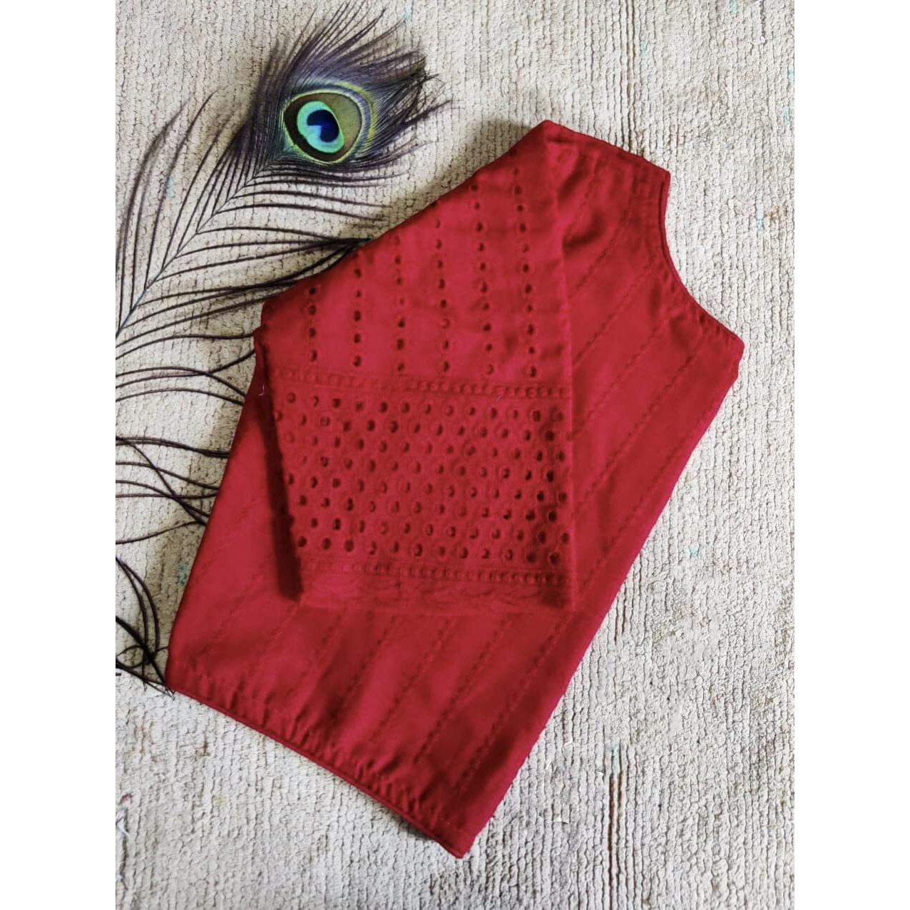 Vihu Fashion Women's Trendy Hakoba Chikankari Work Half Sleeve Red Saree Blouse(Hakoba 13 Red_38)
