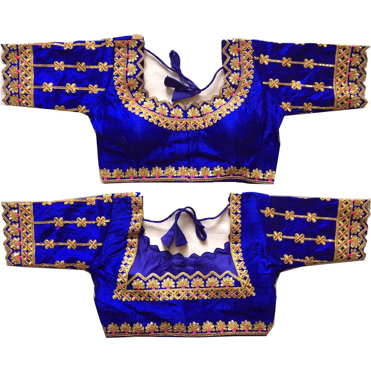 Vihu Fashion Women's Silk Floral Half Sleeve Regular Vf Hariyali Blouse Royal Blue 38